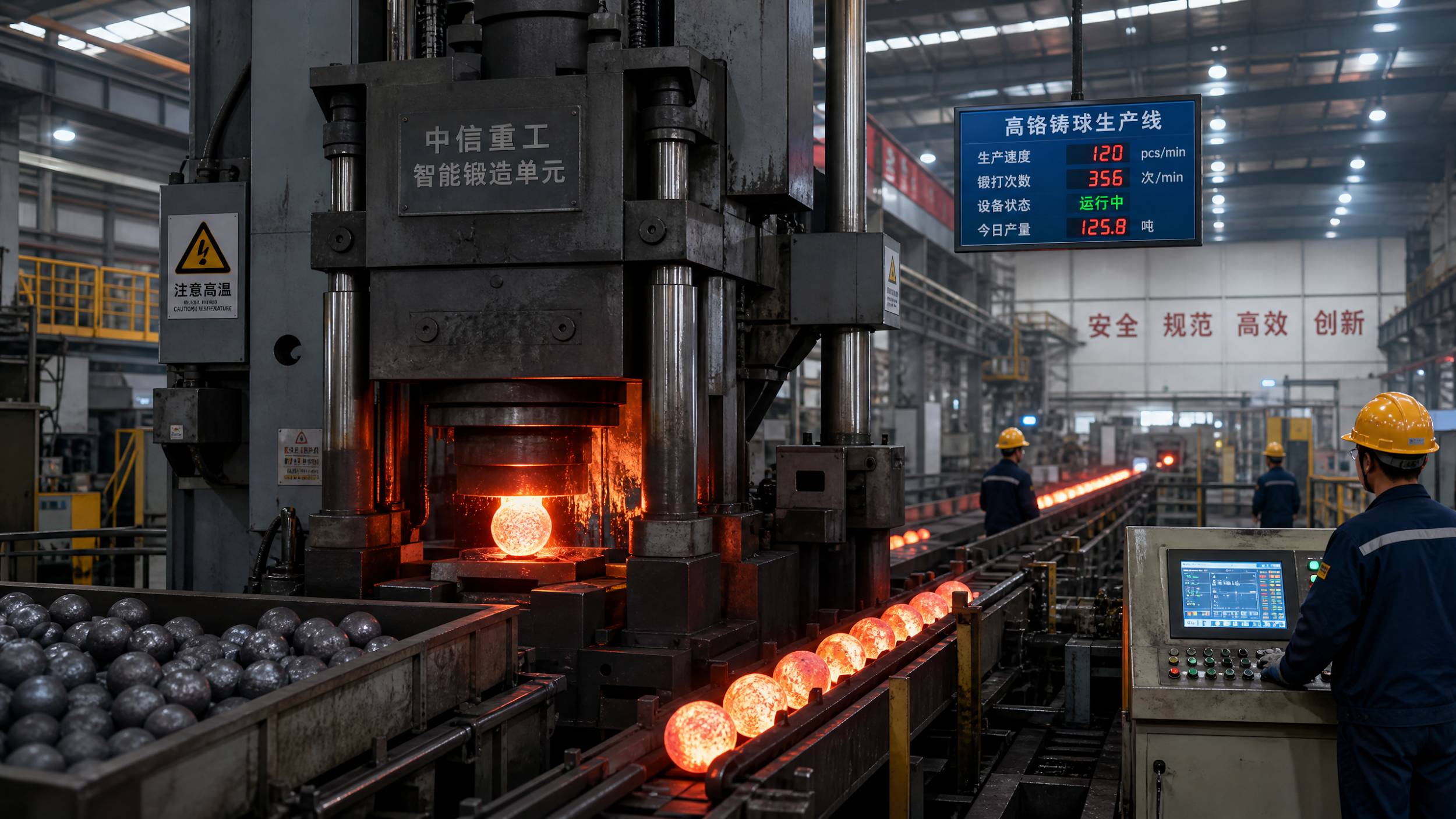 The interior of a high-tech grinding media factory in China showing red-hot steel balls being forged by a large automatic hammer.
