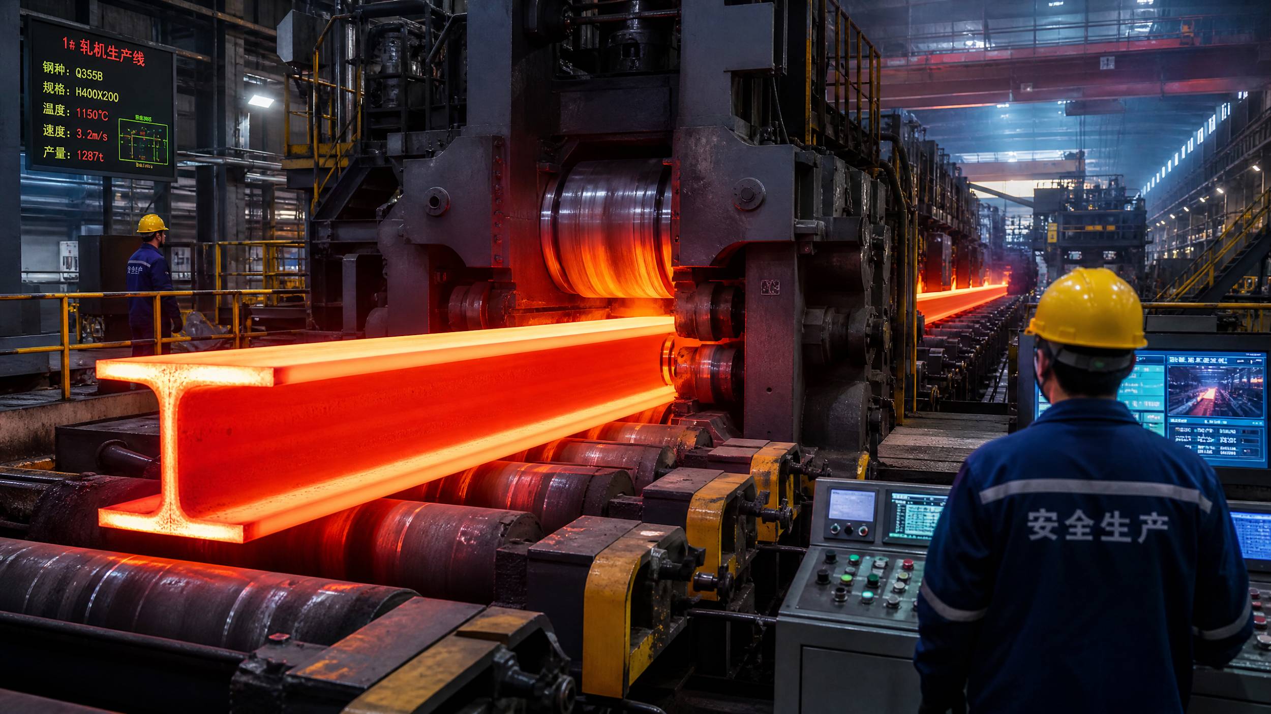The interior of a high-tech structural steel rolling mill in a Chinese steel mill showing a glowing red-hot I-beam being shaped by large rollers.