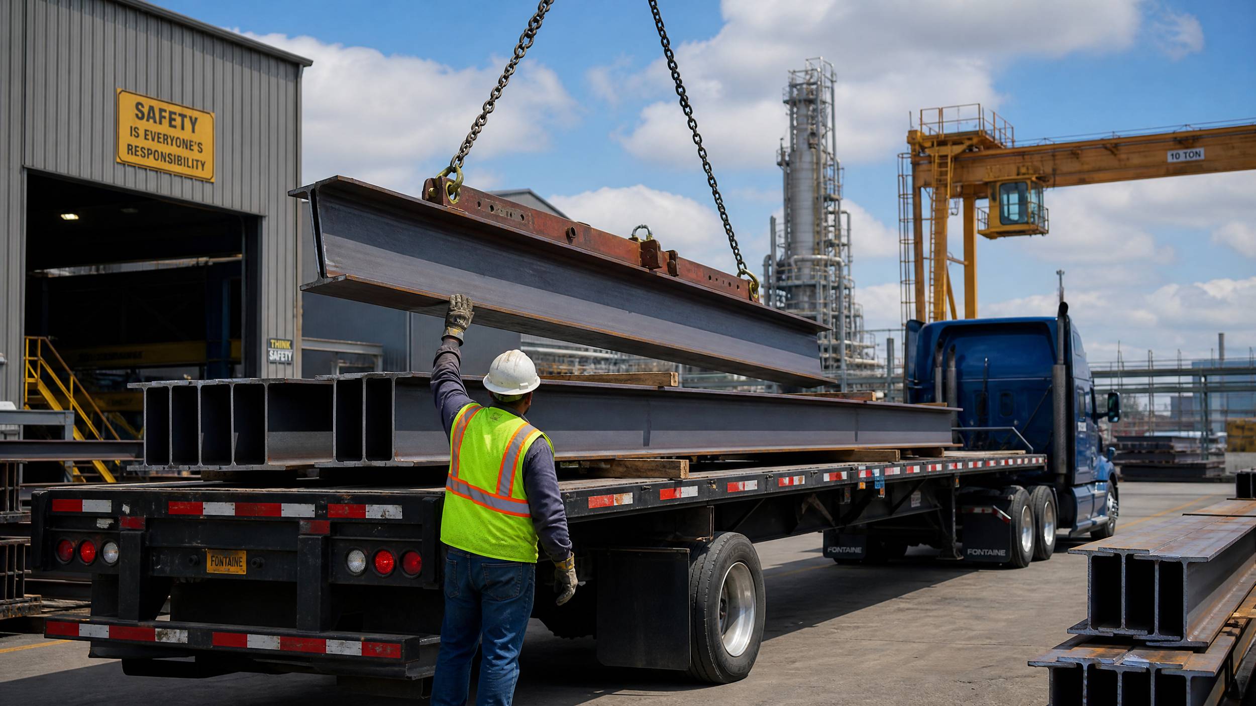I-beam steel sections being loaded onto a flatbed truck at a busy industrial facility with a crane visible in the background.