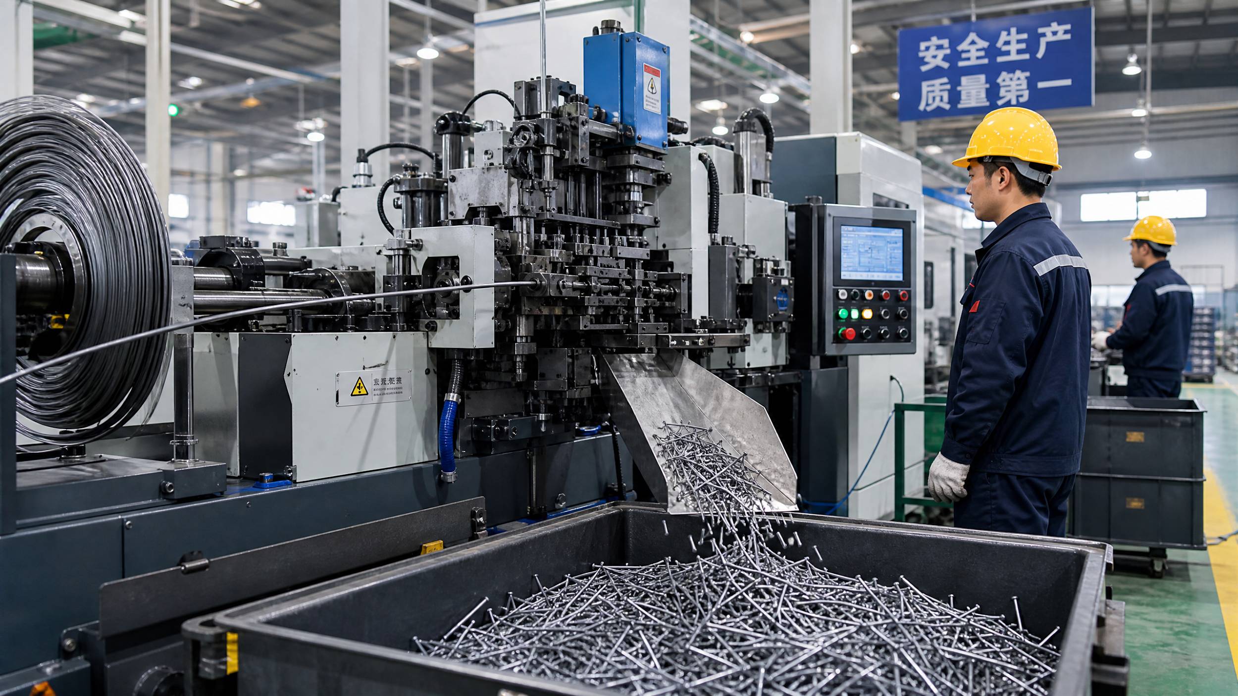  An automated nail-making machine in a Chinese factory producing thousands of common wire nails from steel coils.