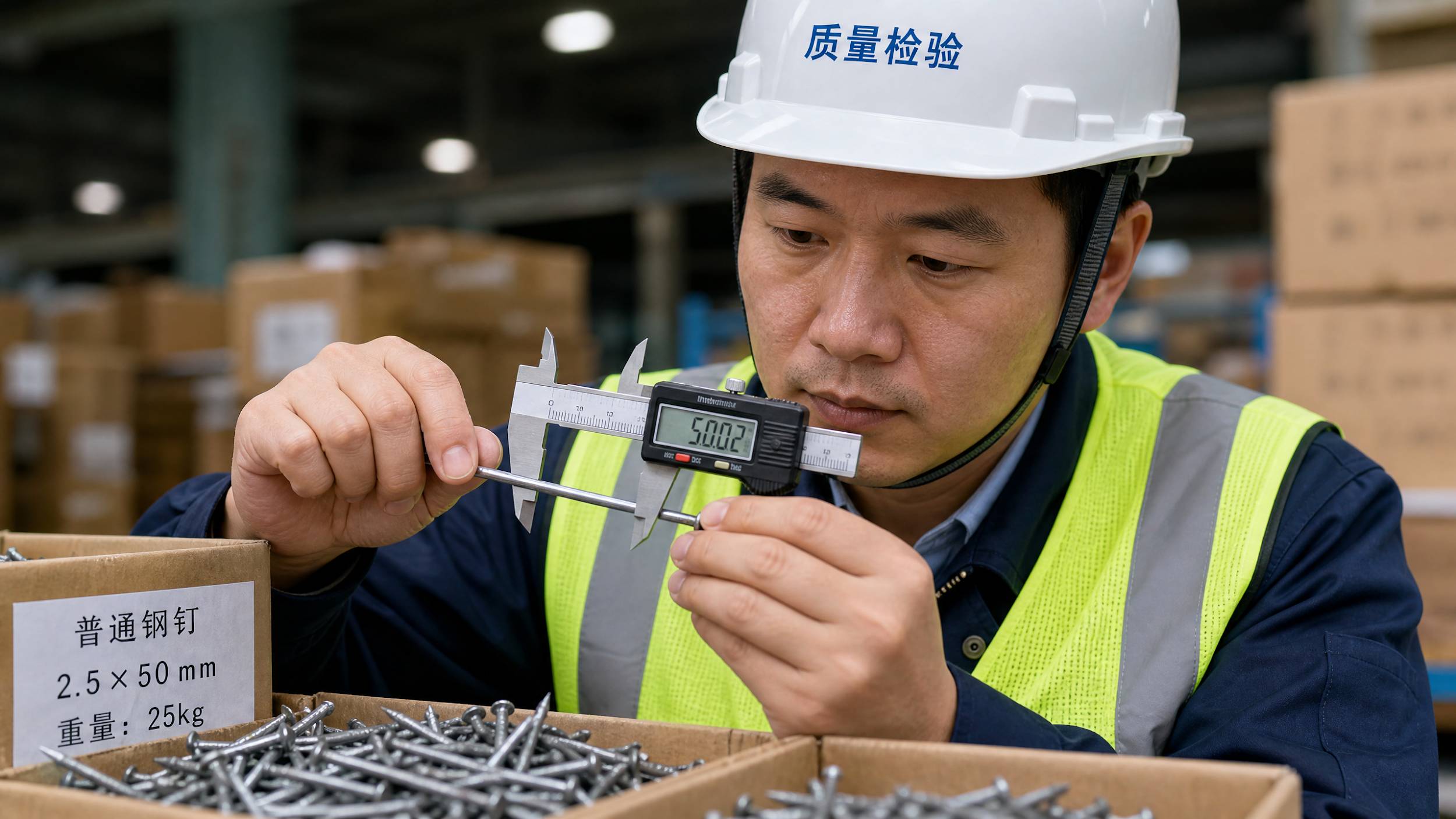 A Chinese quality control inspector using a digital caliper to verify the length and diameter of a common nail in a warehouse.