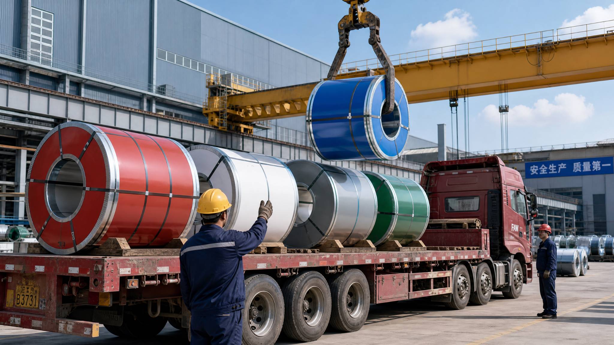 Forklift loading pre-painted steel coils into shipping container at Chinese export port