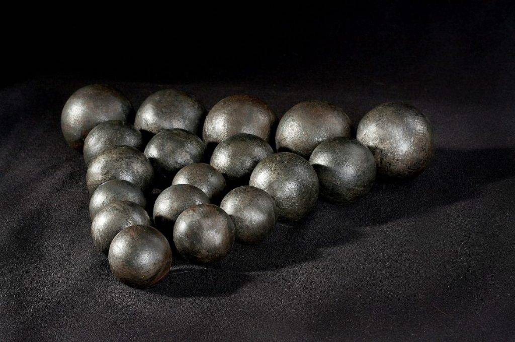 Close-up of forged steel grinding balls in 50mm to 120mm diameters at Chinese grinding media factory