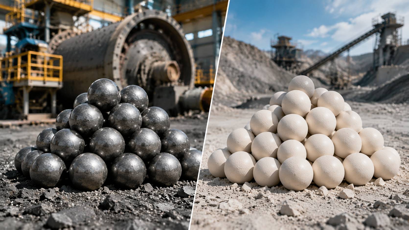  Infographic comparing forged grinding balls and steel grinding rod by hardness, application, and wear rate