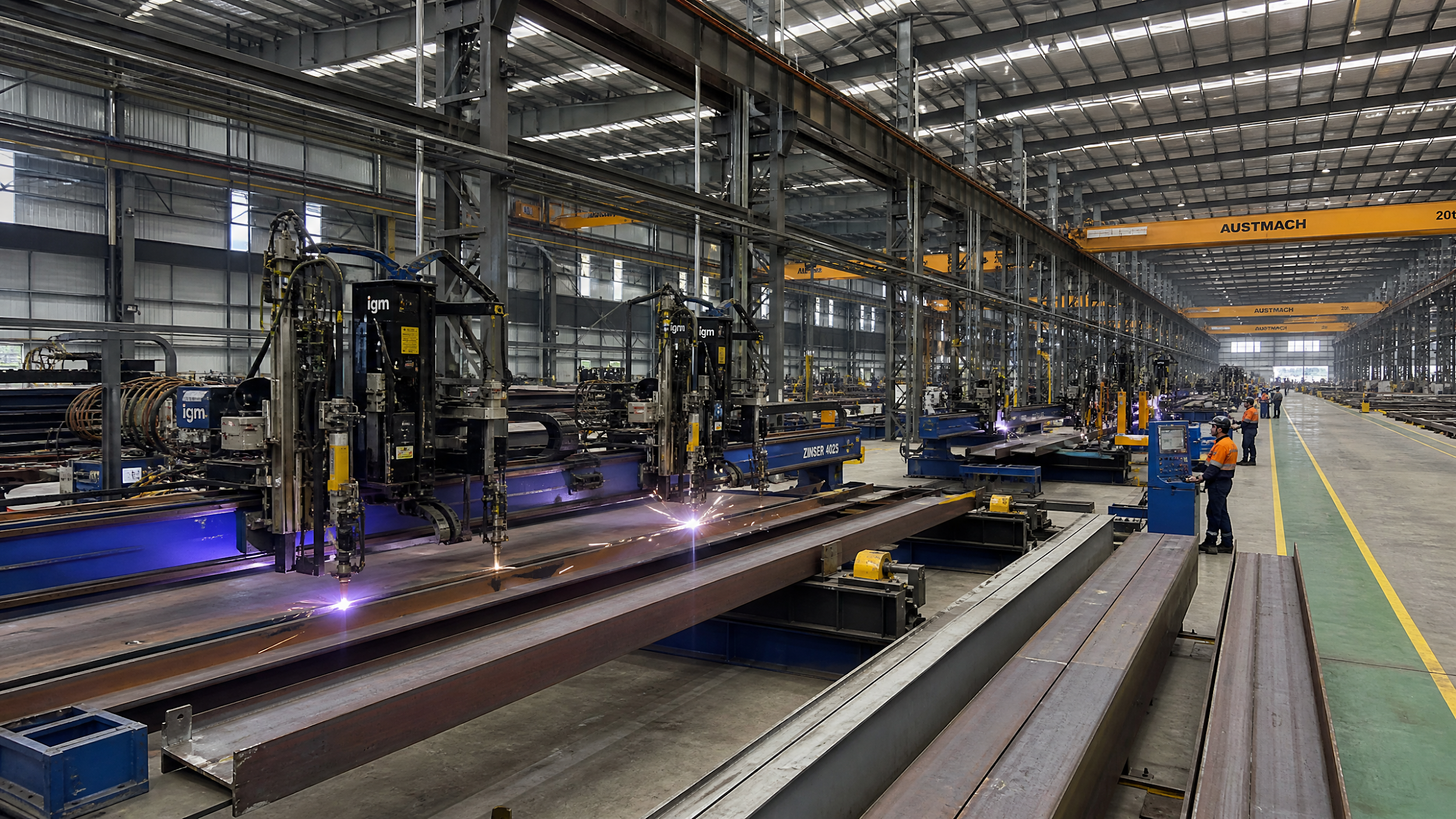 Advanced steel fabrication facility with robotic welding and machinery in Australia