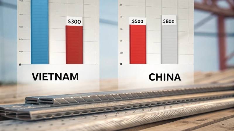 Steel rebar and coils with Chinese Vs Vietnam Steel comparison signage