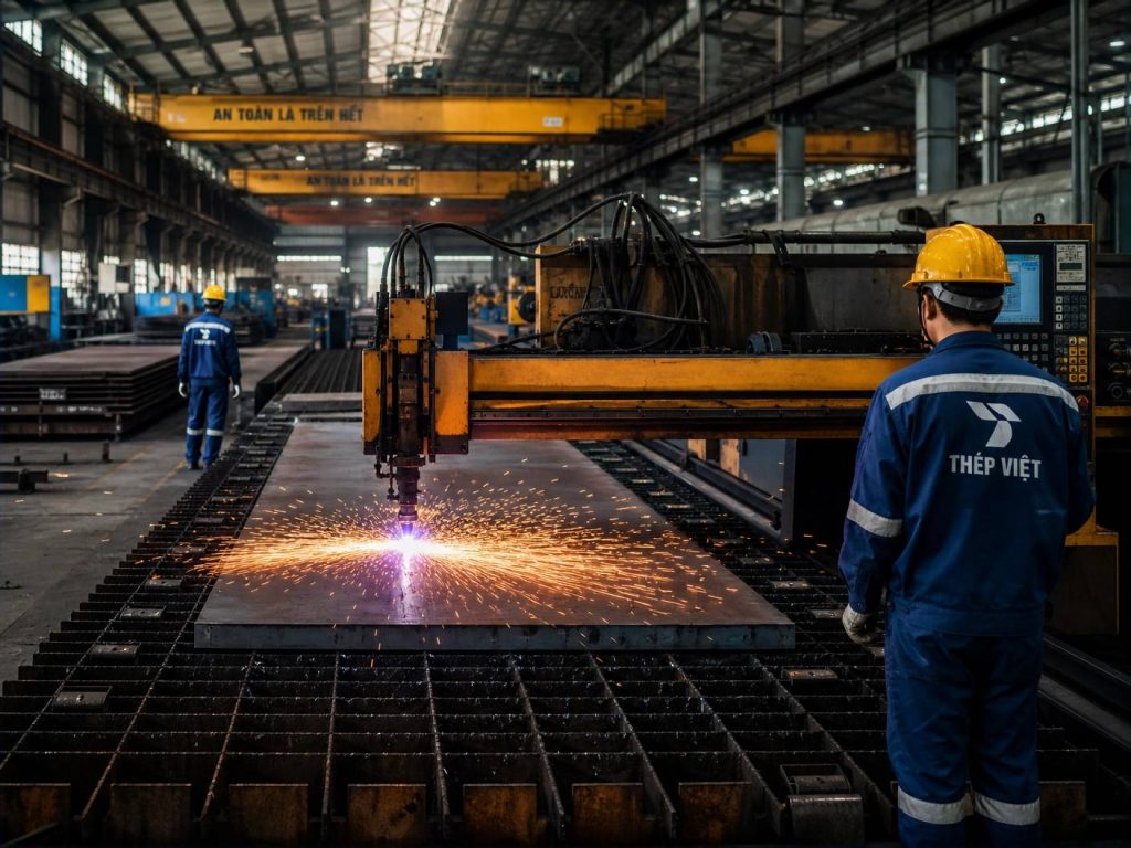 Worker in Thép Việt uniform operating advanced steel cutting machinery in Vietnam
