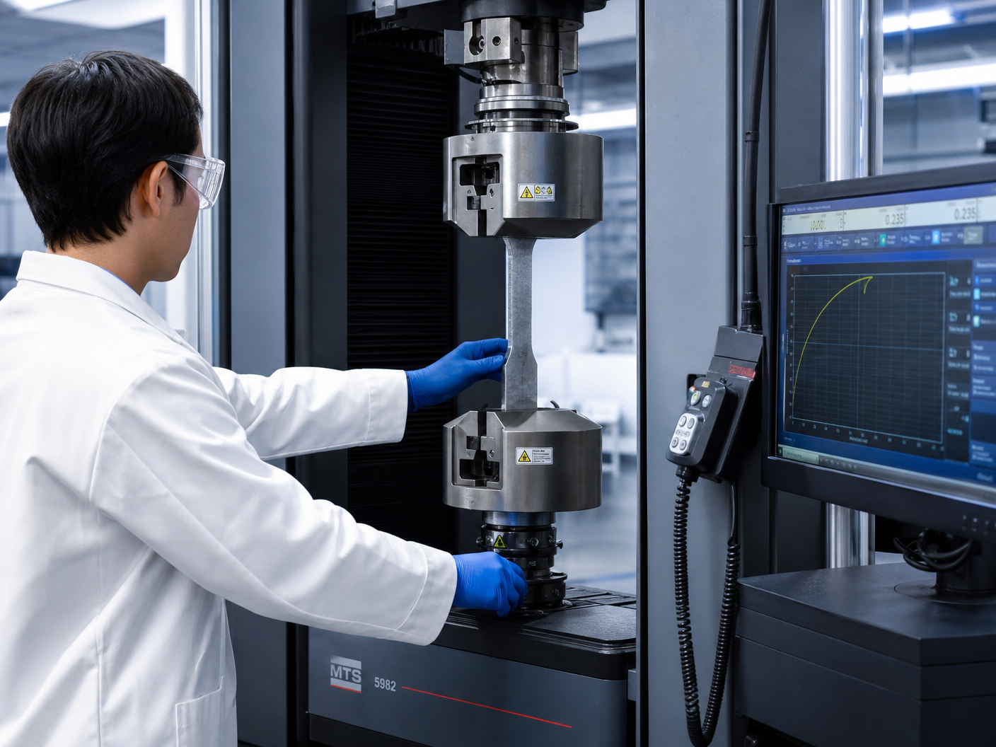 Scientist performing tensile strength test on steel sample in laboratory