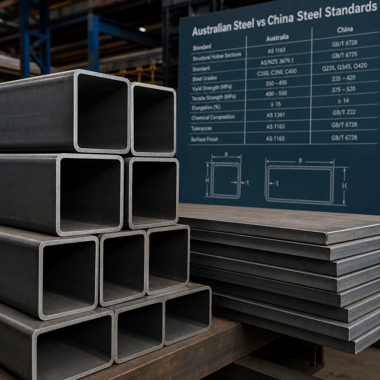 Steel hollow sections with comparison chart of Australian AS/NZS vs Chinese GB standards