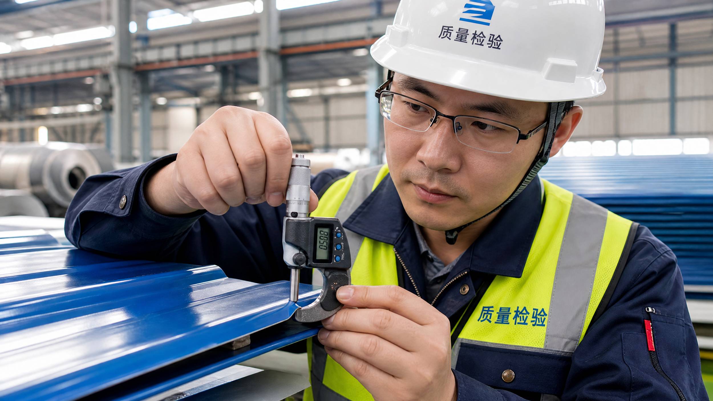  A Chinese quality control inspector using a digital micrometer to verify the thickness of a blue PPGI roofing sheet.