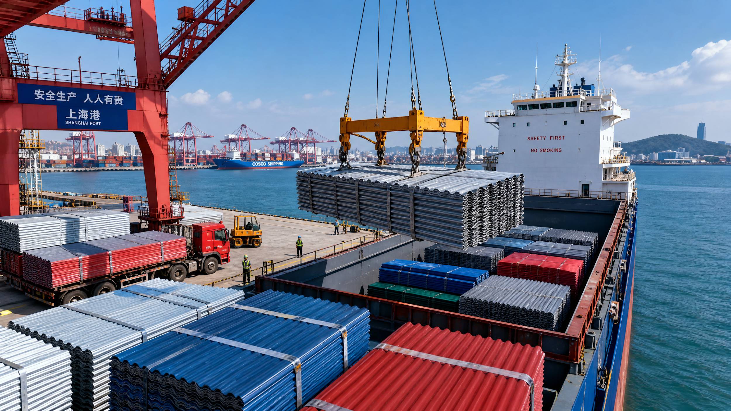 Large bundles of diverse corrugated roofing sheets being loaded onto a cargo ship at a busy Chinese port. 