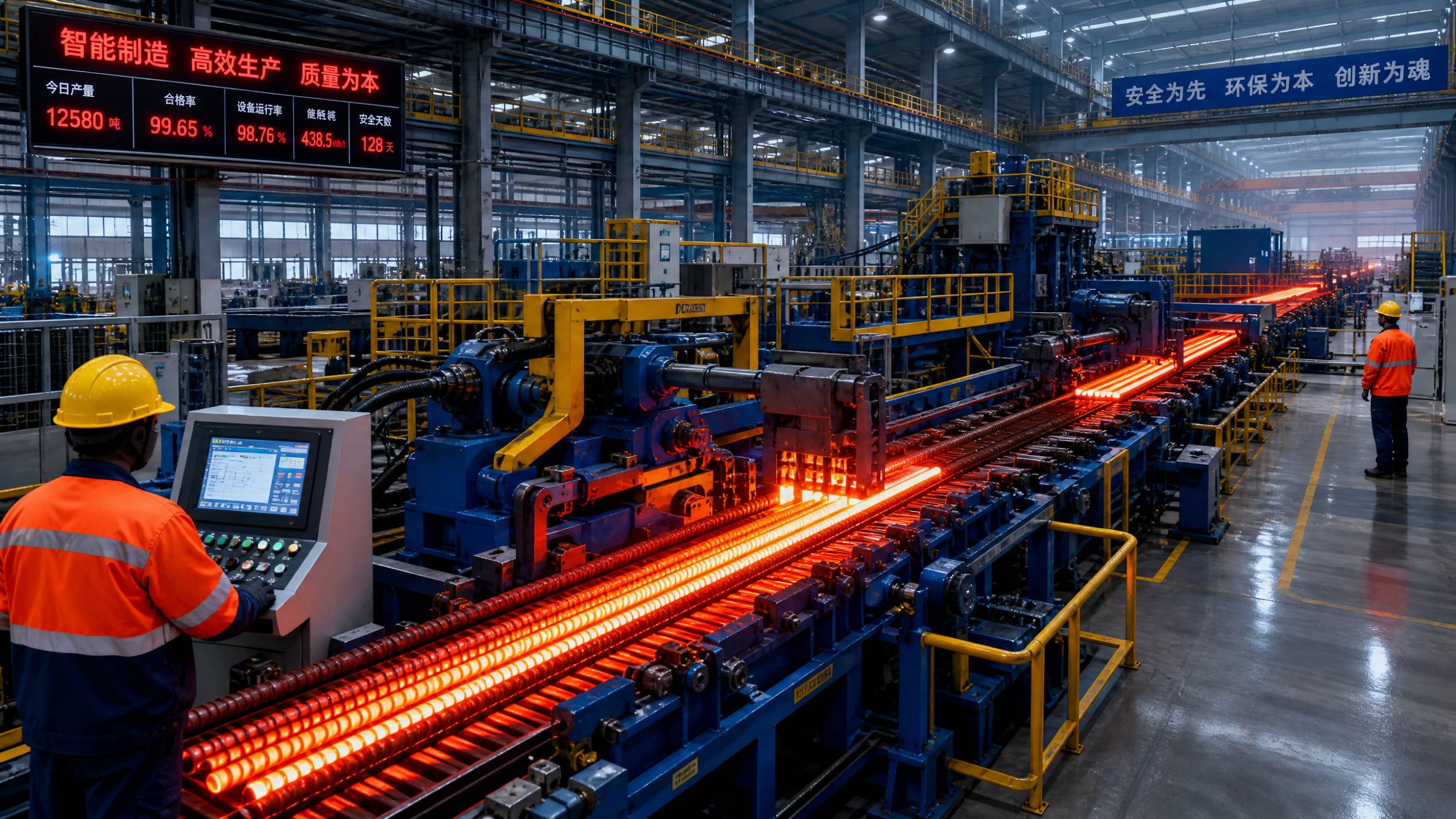 The interior of a modern, high-tech rebar manufacturing plant in China with glowing hot steel bars being processed by automated machinery.