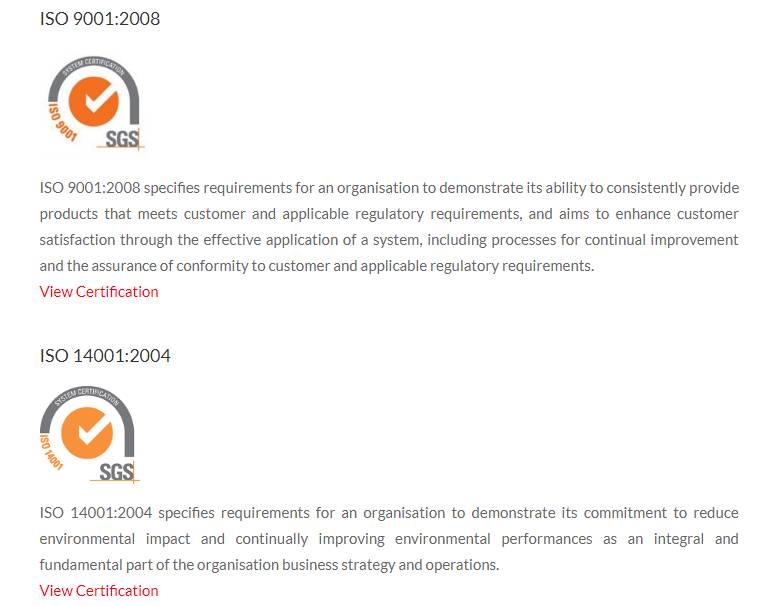 SGS ISO 9001:2008 and ISO 14001:2004 quality and environmental certifications