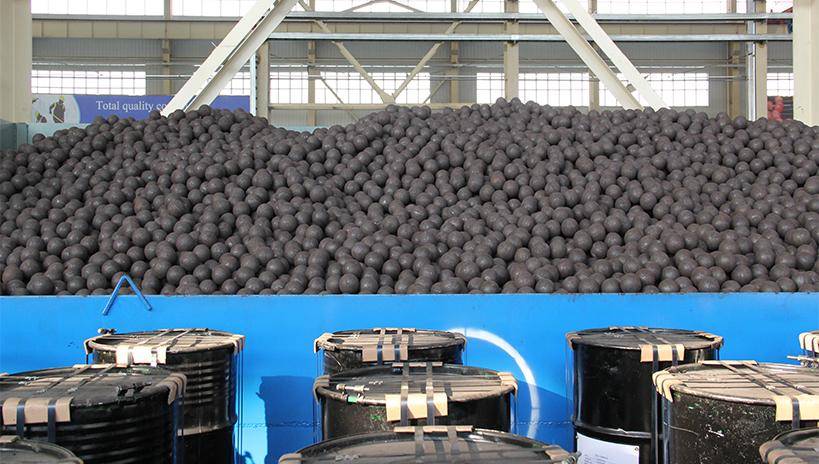 Massive pile of forged steel grinding balls stored in a Chinese manufacturing facility