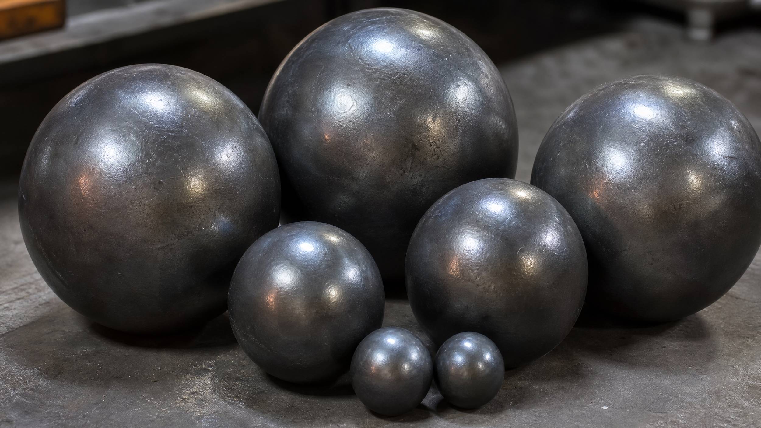  A sharp, close-up photo of several shiny, forged steel grinding balls of various sizes, showing their metallic luster and smooth surface.