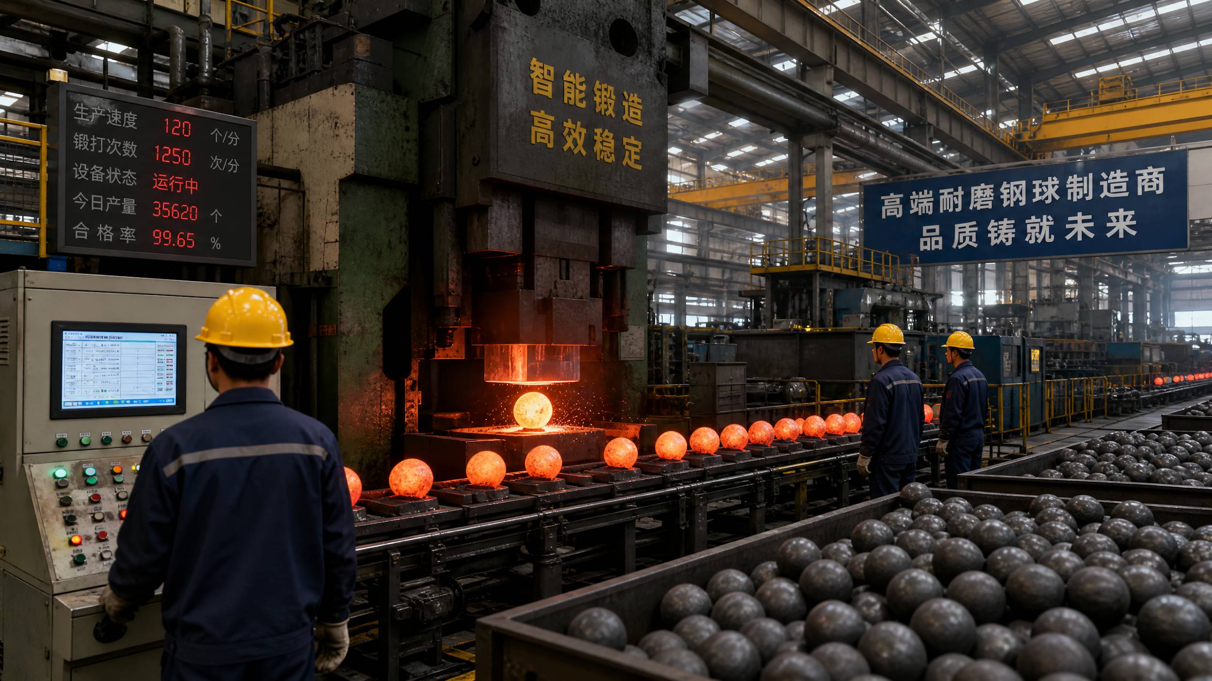 The interior of a high-tech grinding media factory in China showing red-hot steel balls being forged by a large automatic hammer with workers monitoring the process.