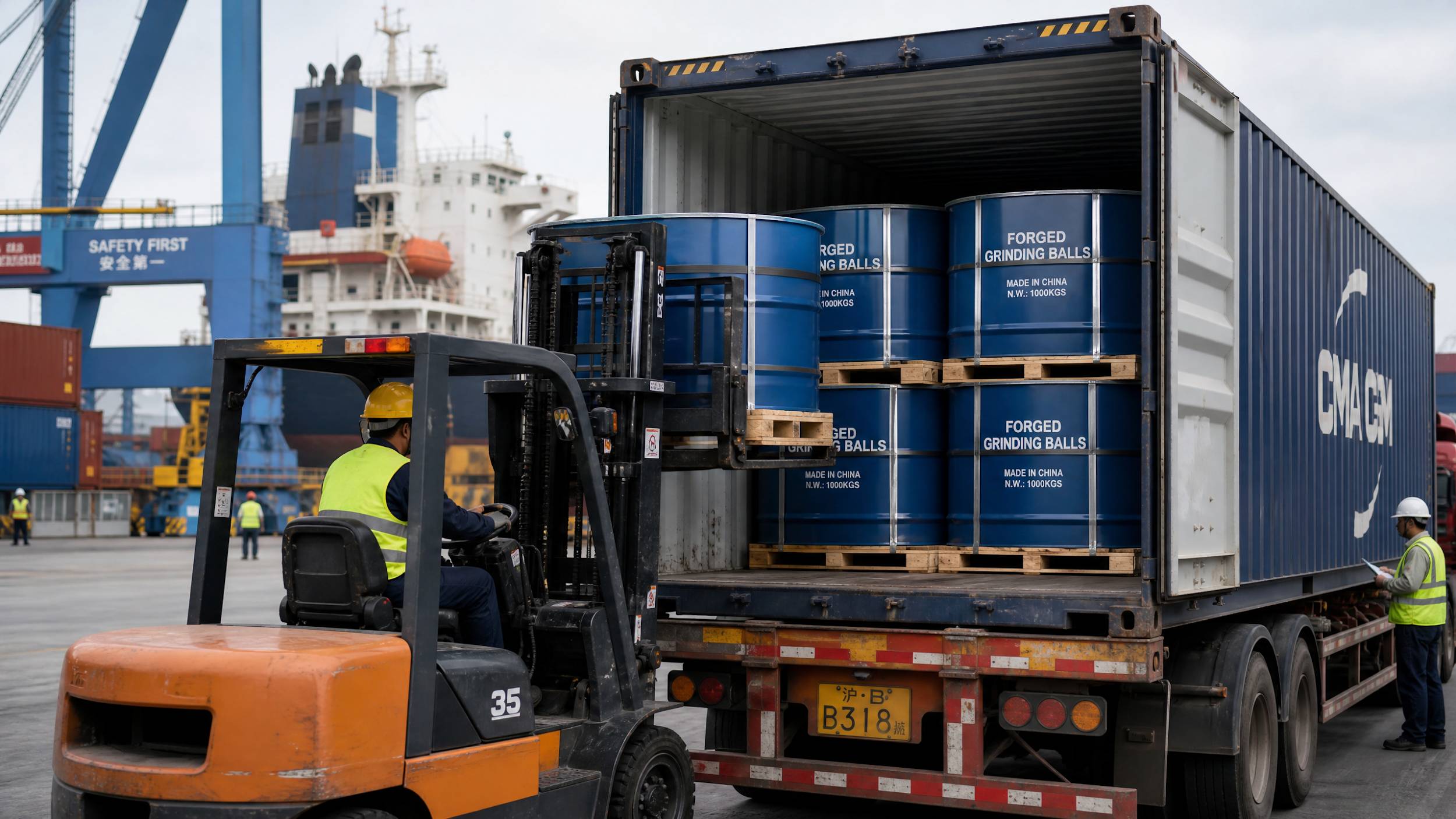 Drums of forged grinding balls being loaded into a shipping container at a busy port with a forklift visible. 