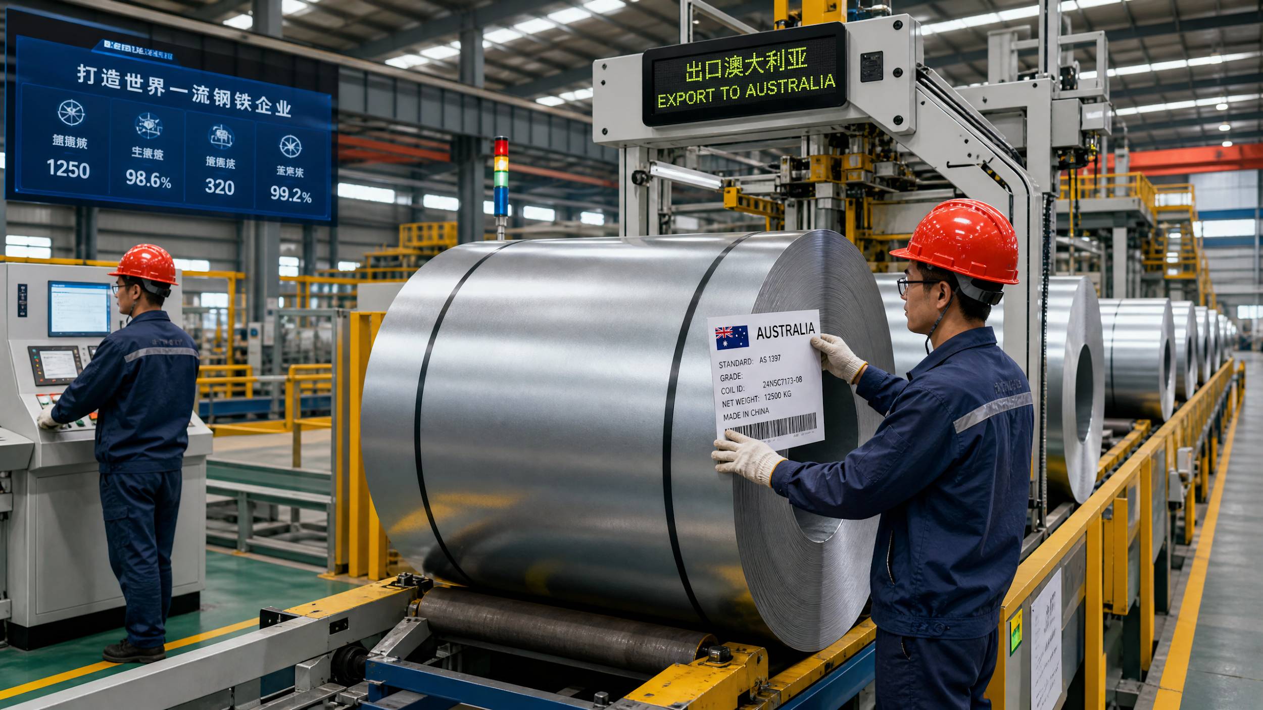 A high-tech Chinese steel mill production line with finished coils being labeled for export to Australia under AS 1397 standards.