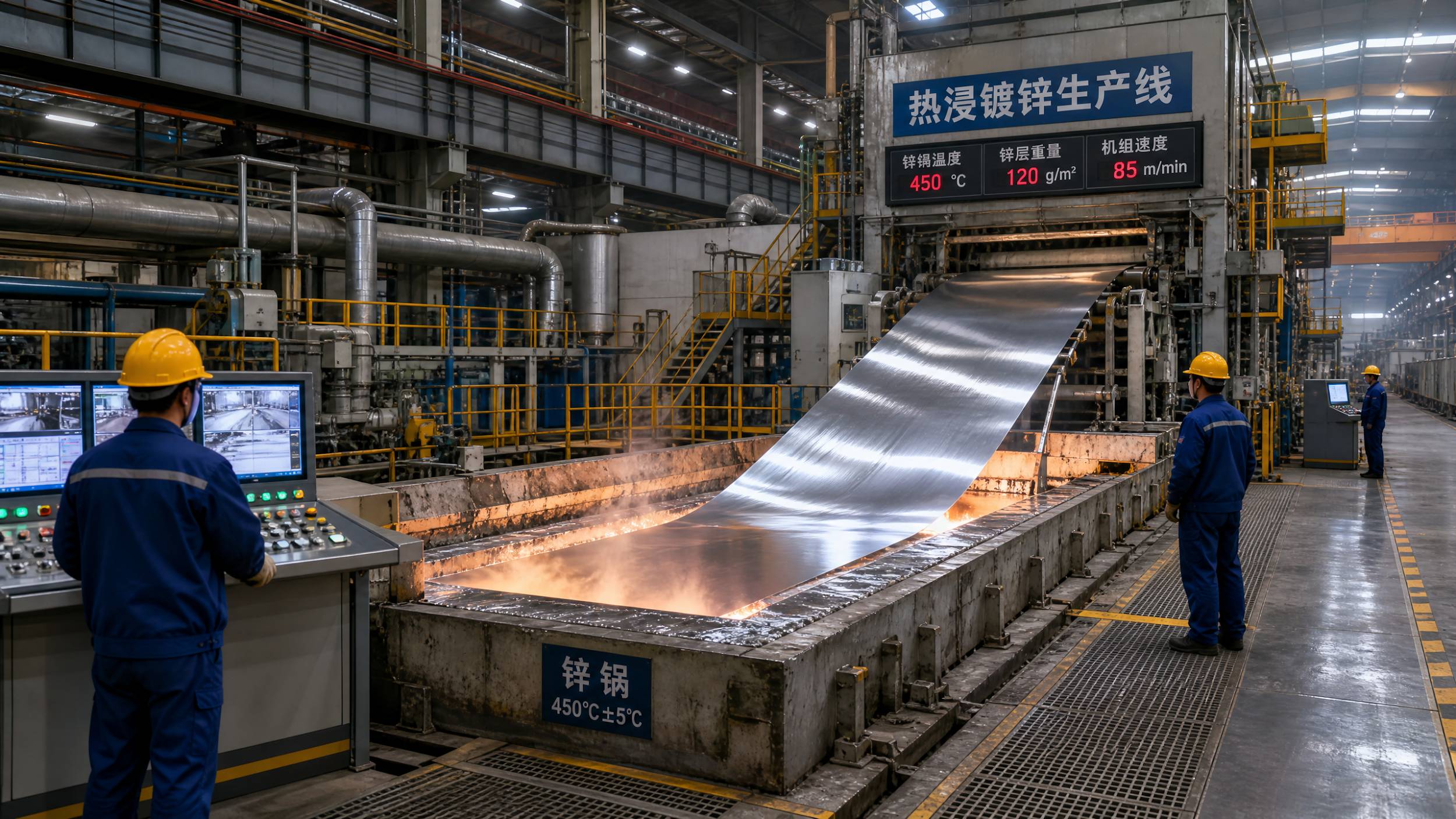 The interior of a high-tech hot-dip galvanizing line in a Chinese steel mill showing a continuous strip of steel emerging from a molten zinc bath.