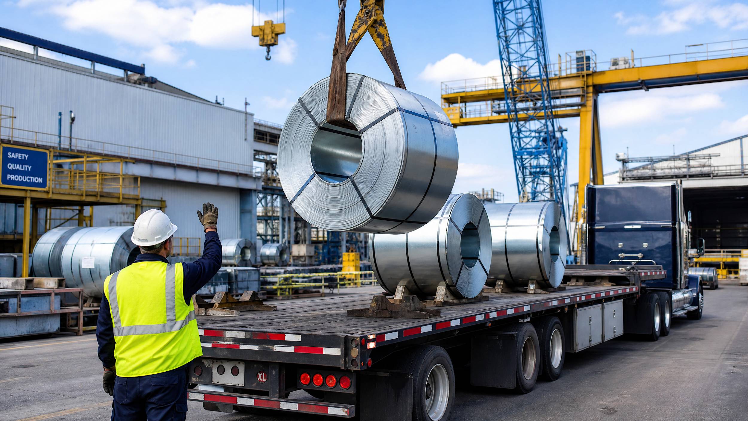 Galvanized steel coils being loaded onto a flatbed truck at a busy industrial facility with a crane visible in the background.