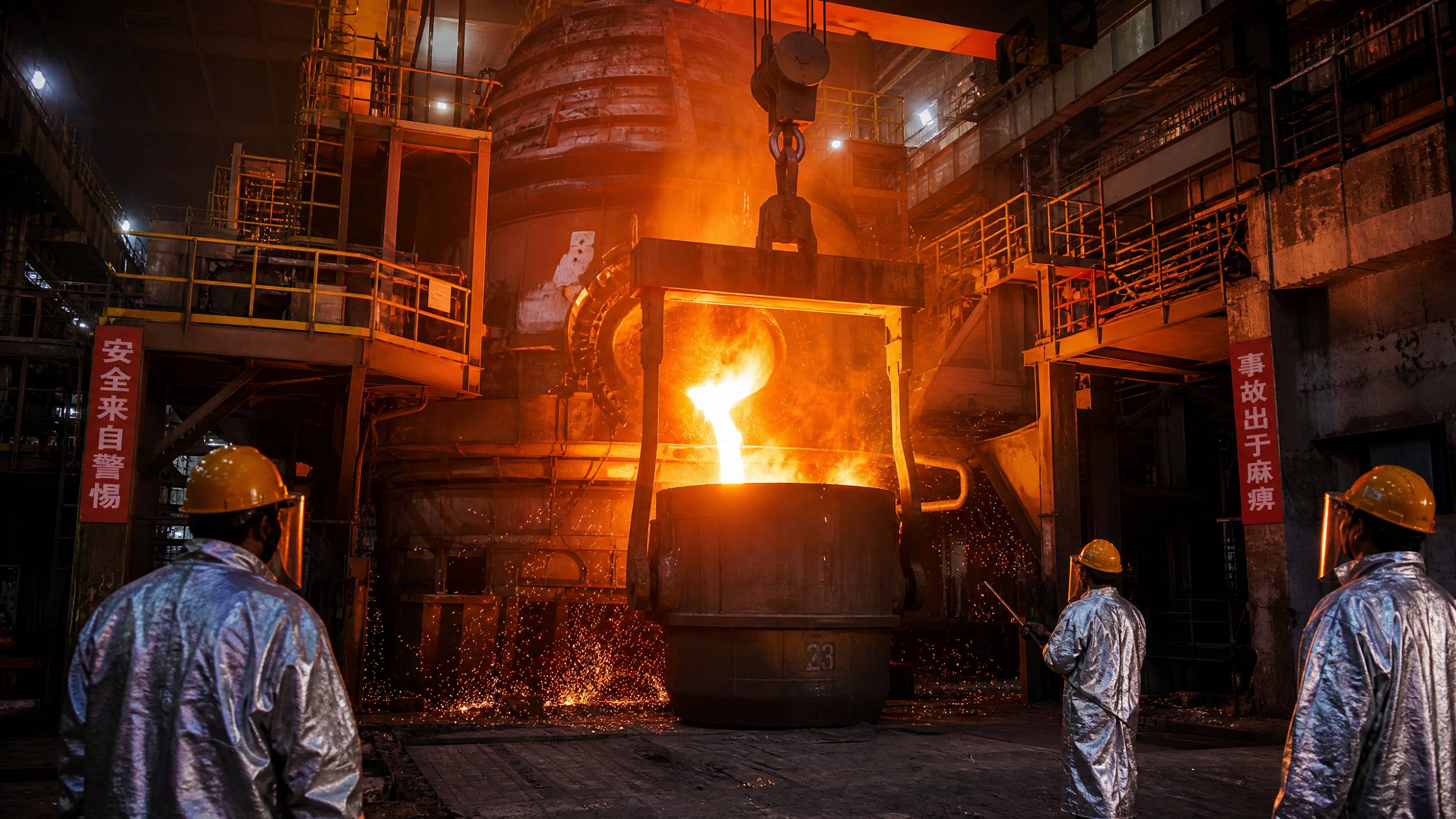 A massive blast furnace in a Chinese steel mill with molten iron flowing into a large ladle. 