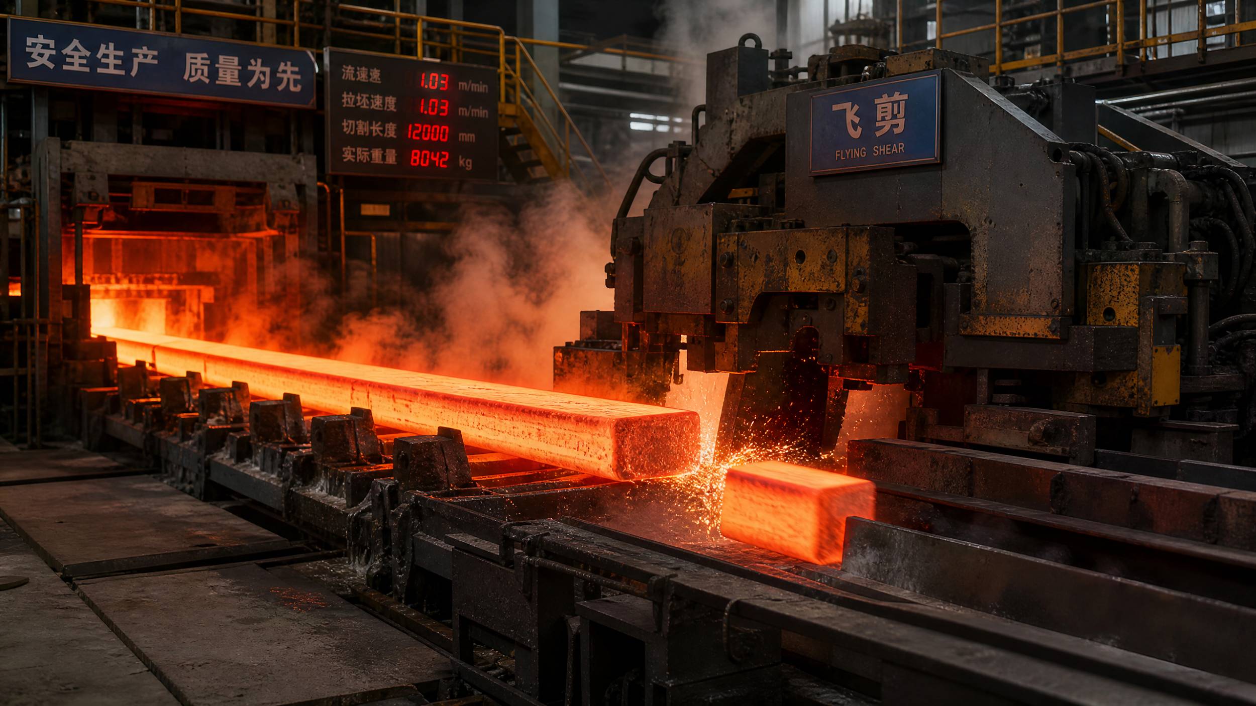 A high-speed continuous casting machine producing glowing hot square steel billets in a Chinese factory. 