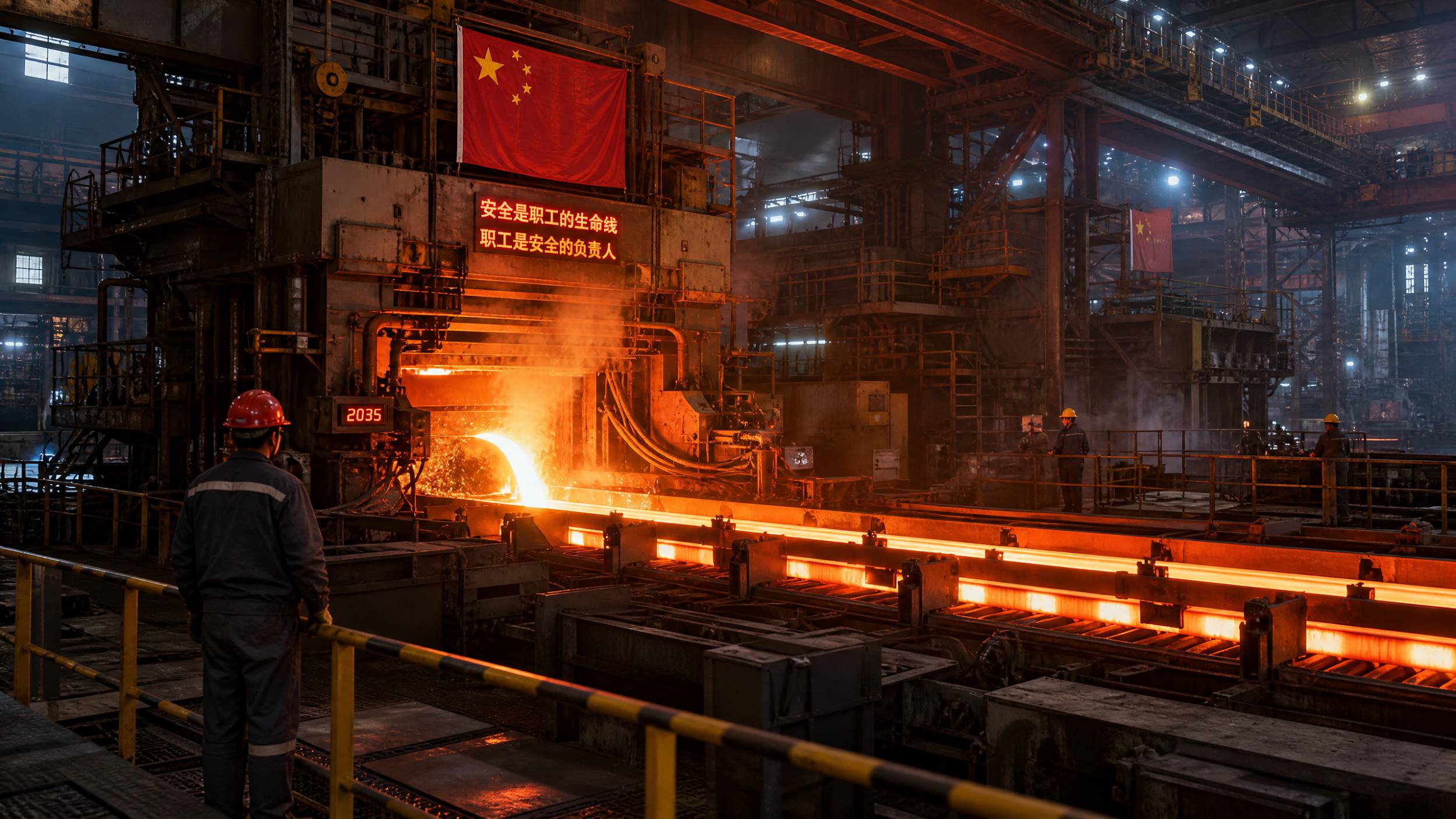 The interior of a massive, high-tech steel mill in China with a continuous casting machine pouring molten steel into molds to form billets.