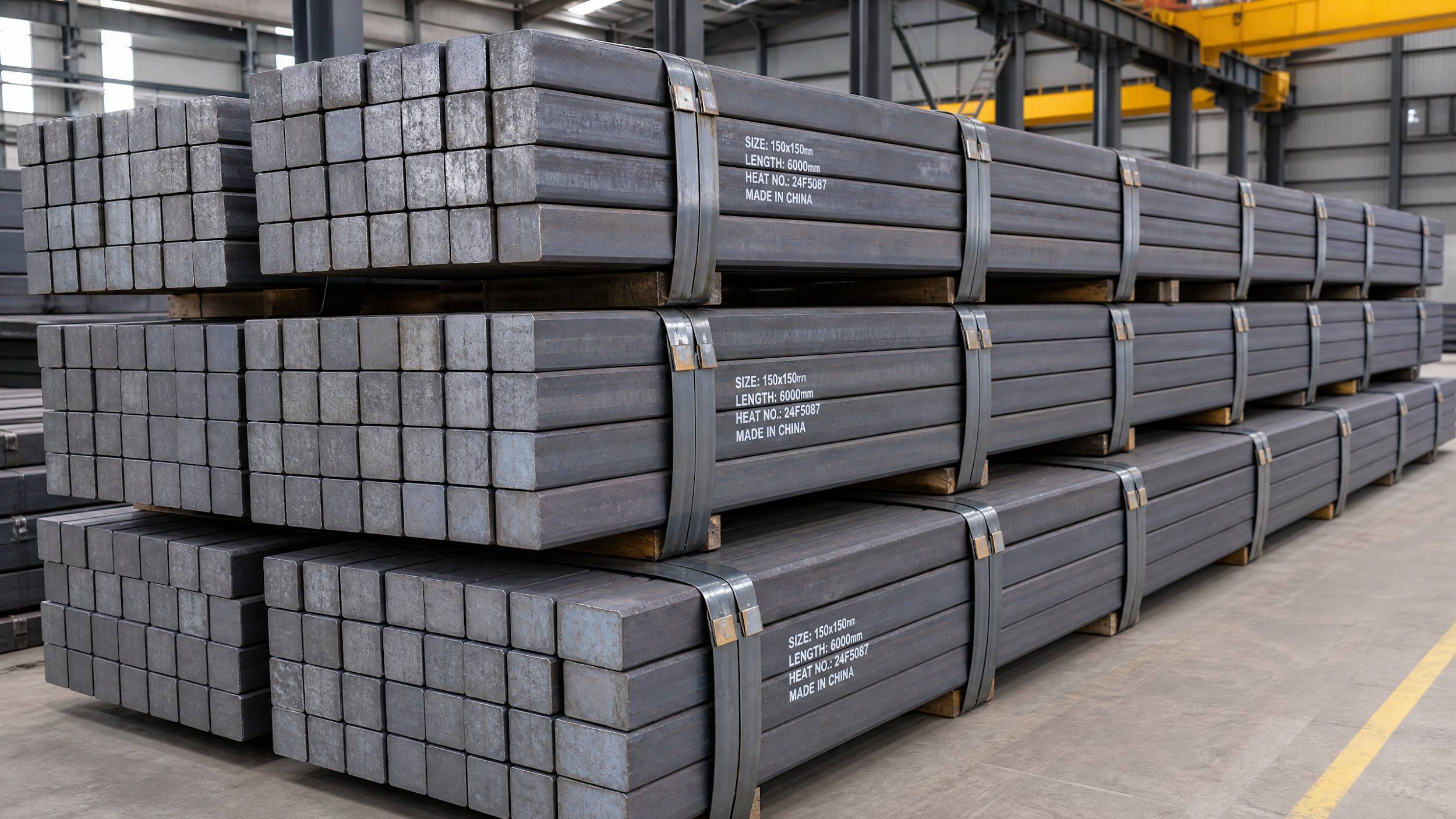  Large bundles of steel billets neatly stacked and secured with heavy-duty steel straps, ready for export.