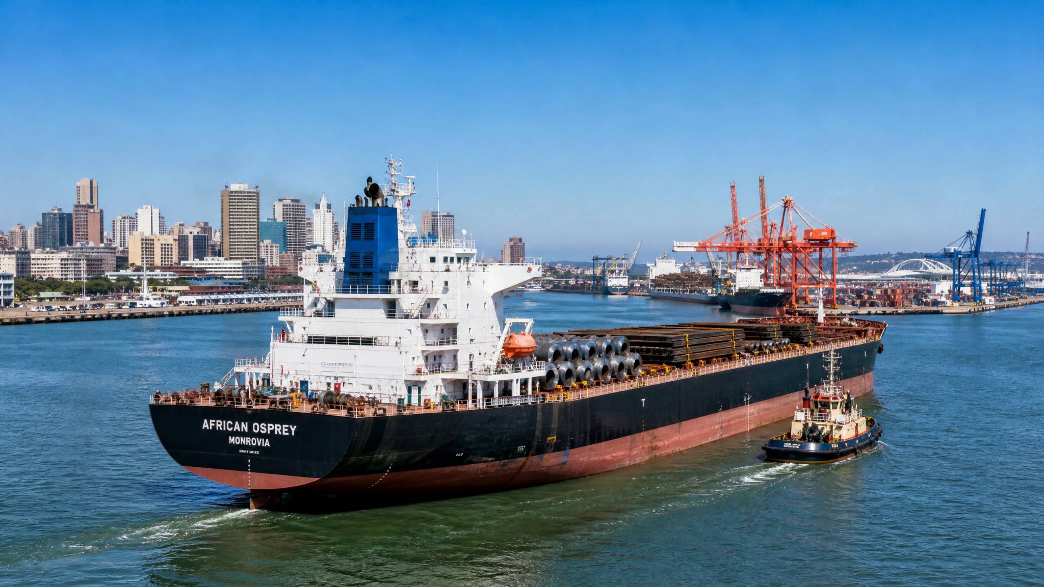  A massive cargo ship, the African Osprey, arriving at the Port of Durban loaded with industrial steel coils and structural beams.