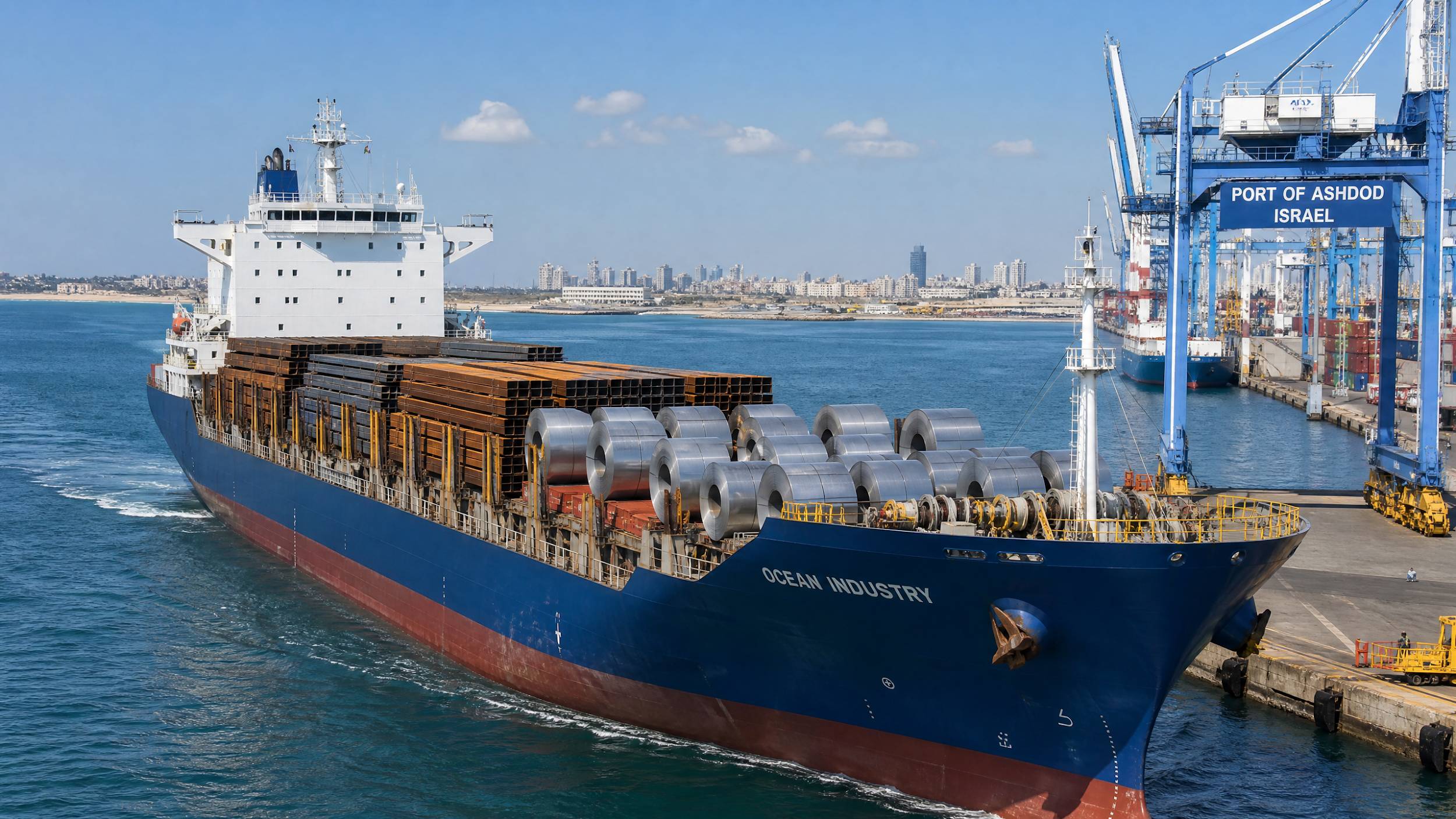 A large container ship, the Ocean Industry, arriving at the Port of Ashdod, Israel, loaded with steel coils and structural beams.