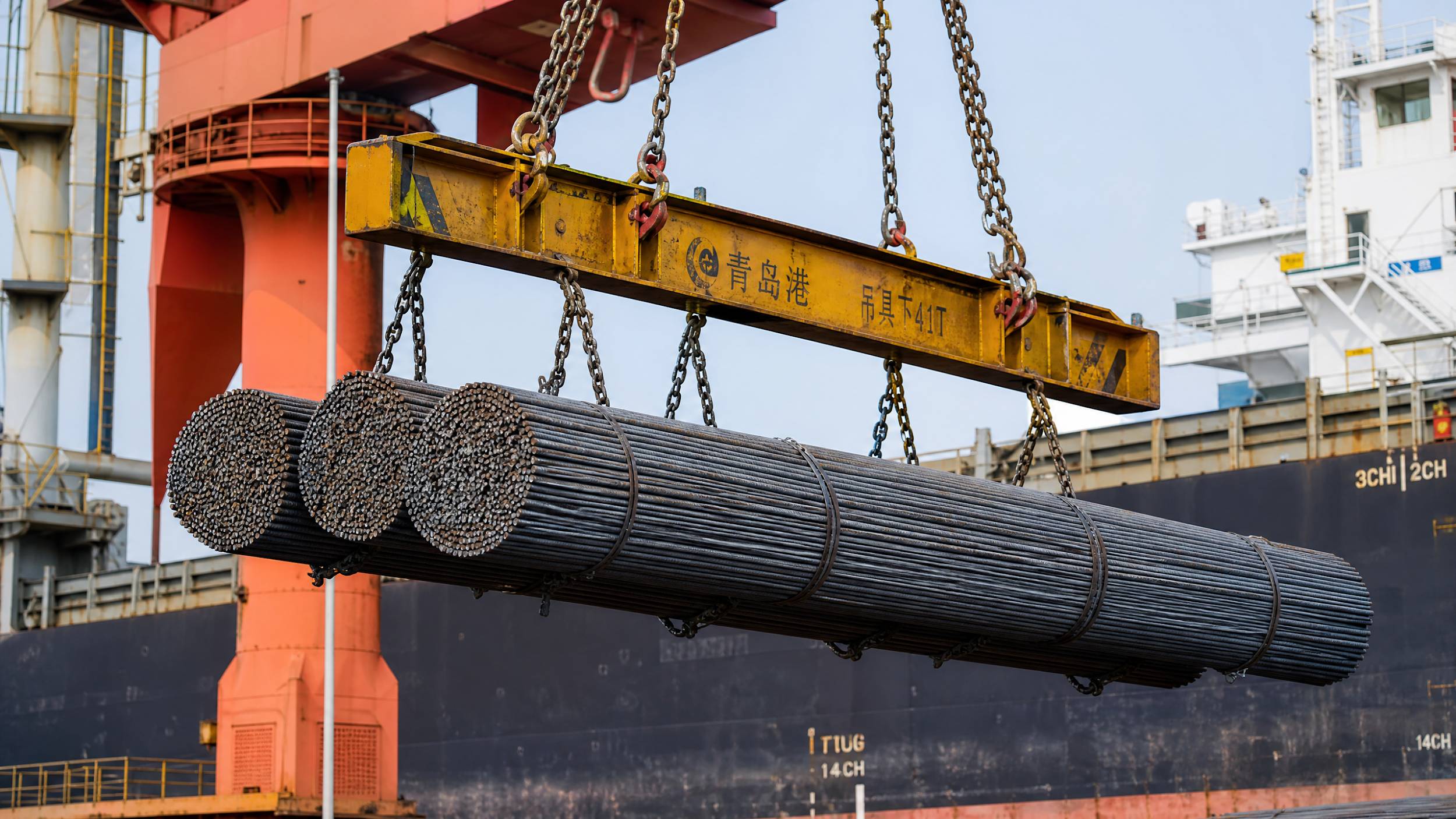 A heavy-duty crane at a Chinese port loading large bundles of structural steel rebar onto a cargo ship bound for Israel.