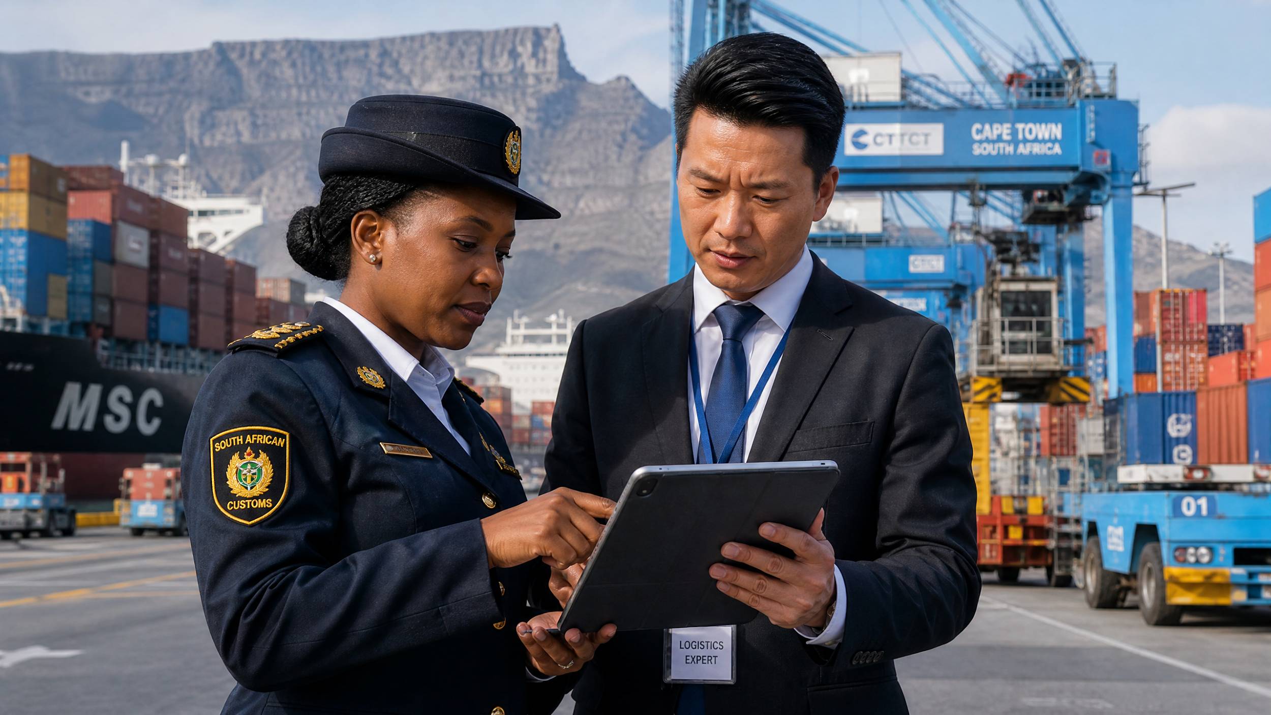A South African customs official and a Chinese logistics expert reviewing digital shipping documents at Cape Town port.