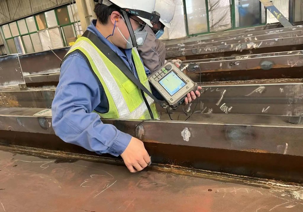 SGS inspector conducting steel quality testing at a manufacturing factory in China