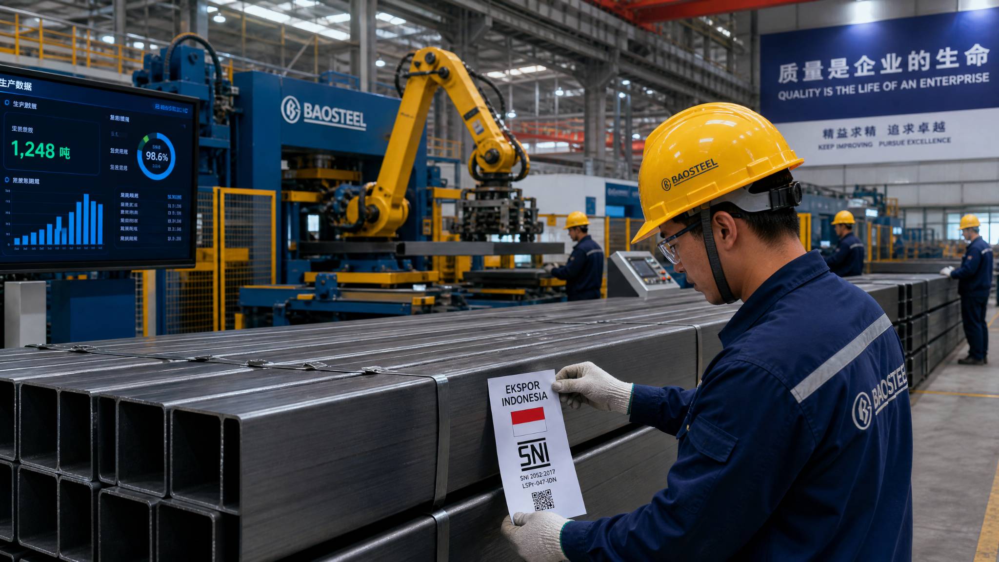 An automated Chinese steel mill production line with finished steel sections being labeled with Indonesian export tags and SNI marks.