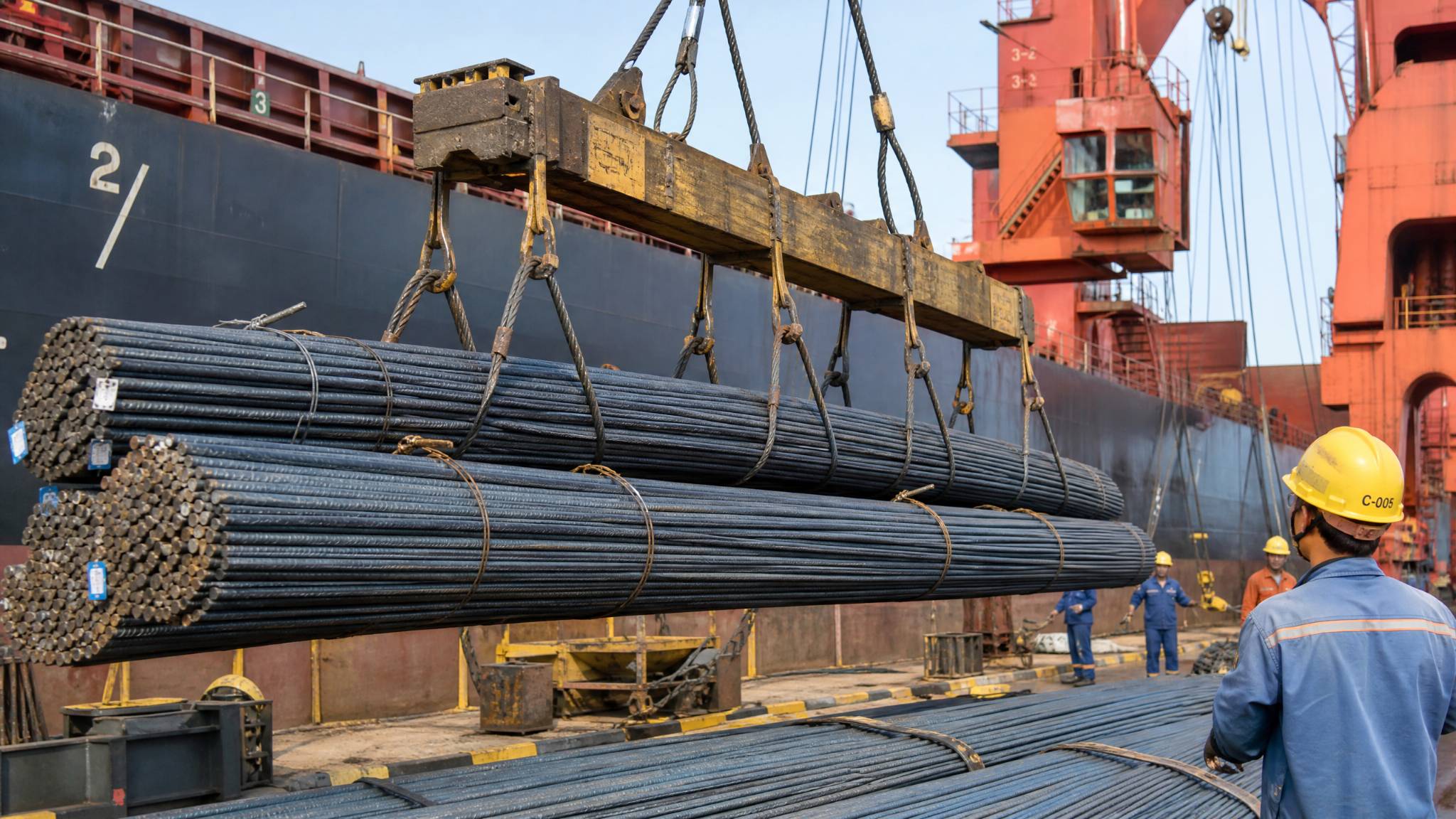 A heavy-duty crane at a Chinese port loading large bundles of structural steel rebar onto a cargo ship bound for Indonesia.