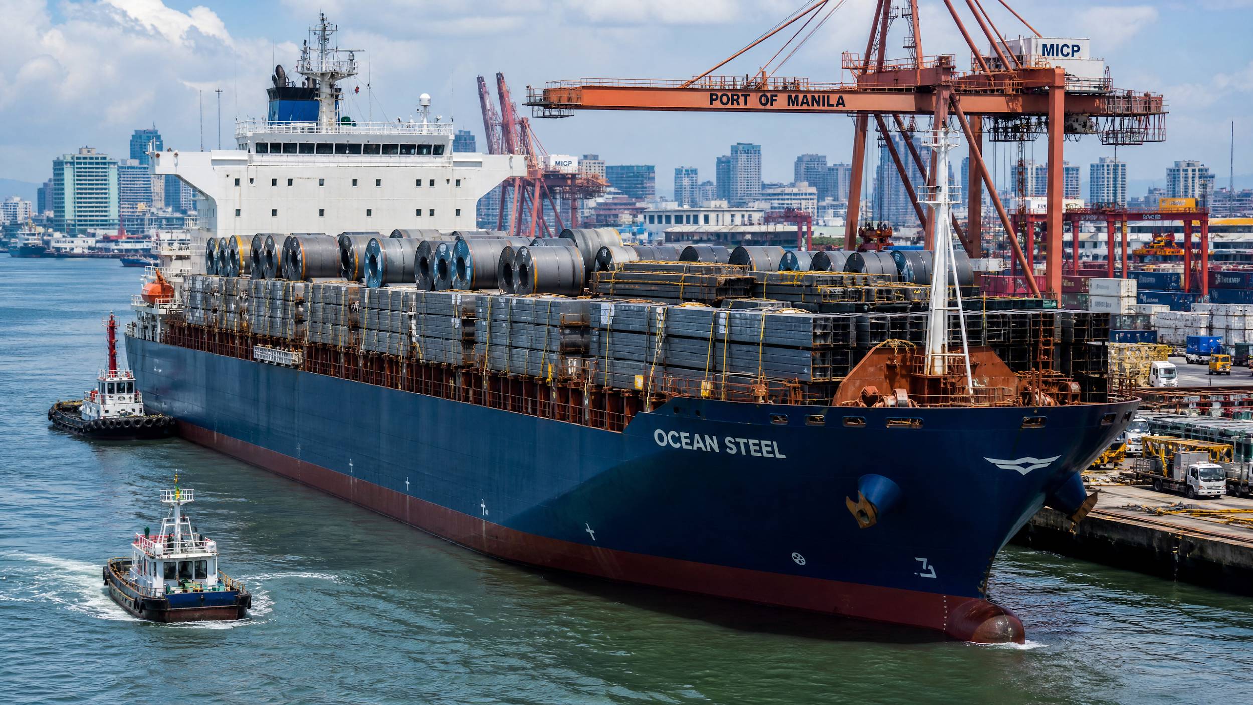 A massive container ship, the Ocean Steel, arriving at the Port of Manila, Philippines, loaded with industrial steel coils and structural beams.