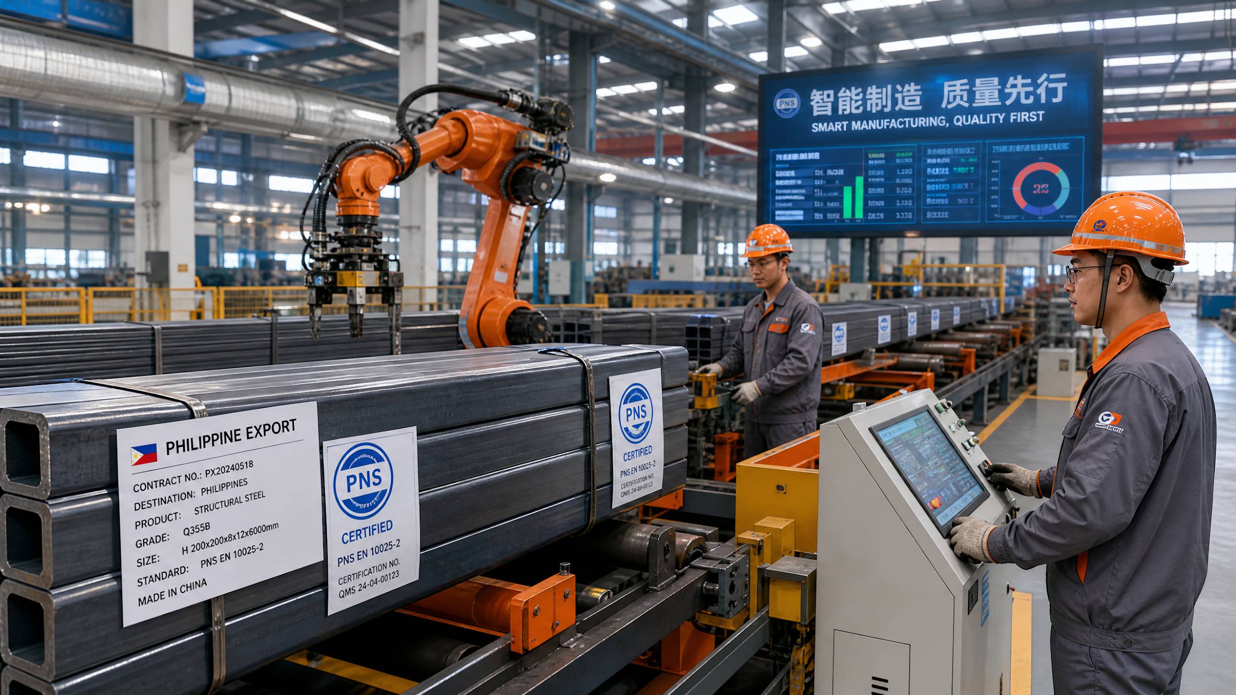An automated Chinese steel mill production line with finished steel sections being labeled with Philippine export tags and PNS marks.