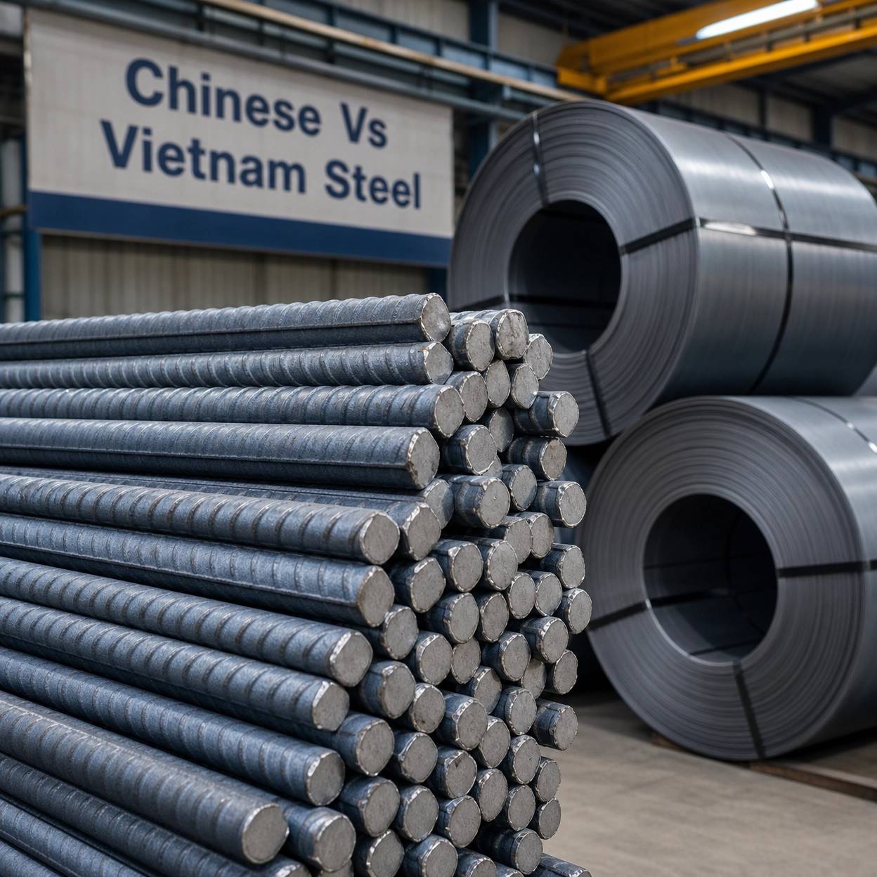 Steel rebar and coils with Chinese Vs Vietnam Steel comparison signage