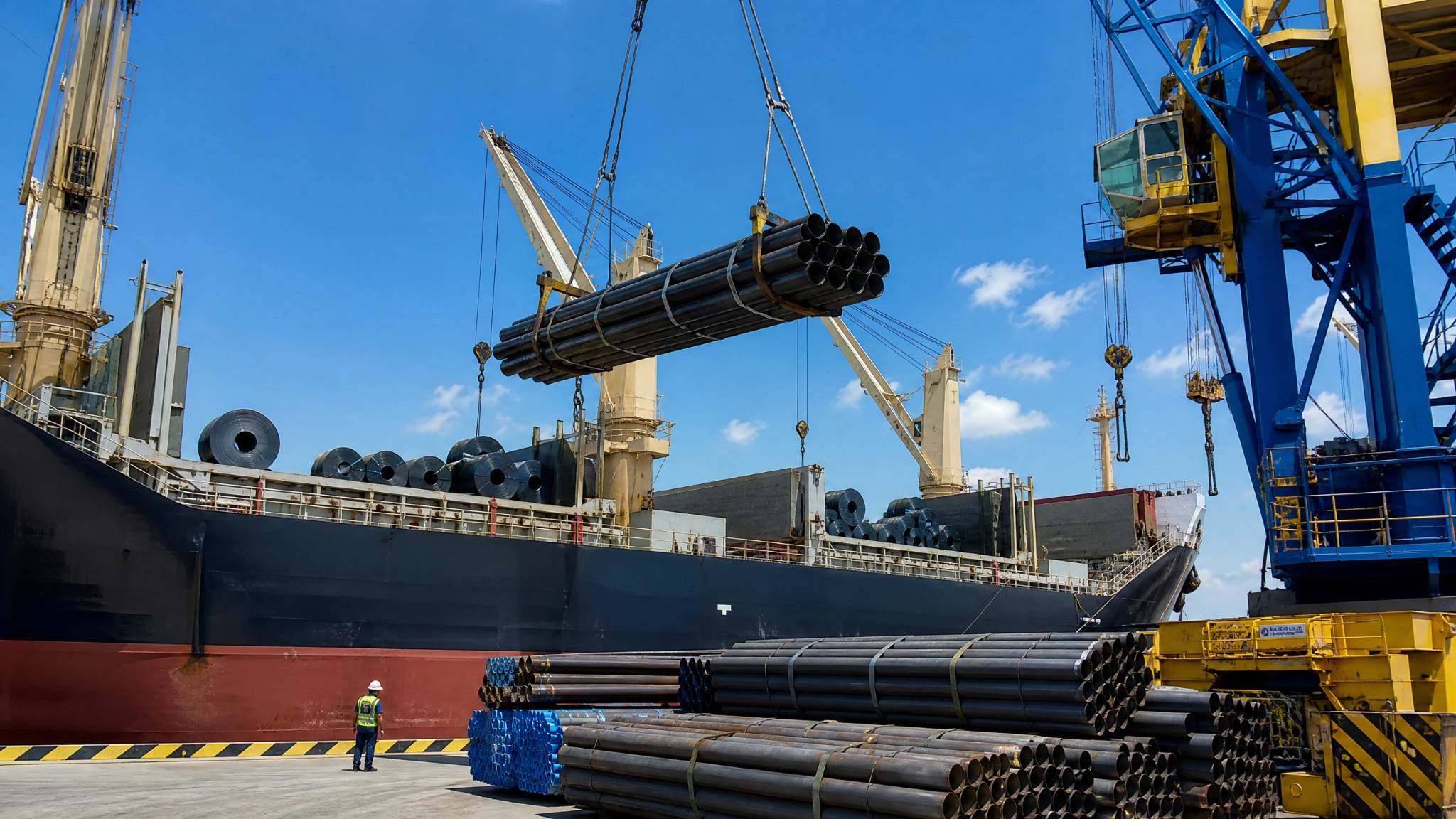 Heavy steel pipes and coils being loaded onto cargo ship at port