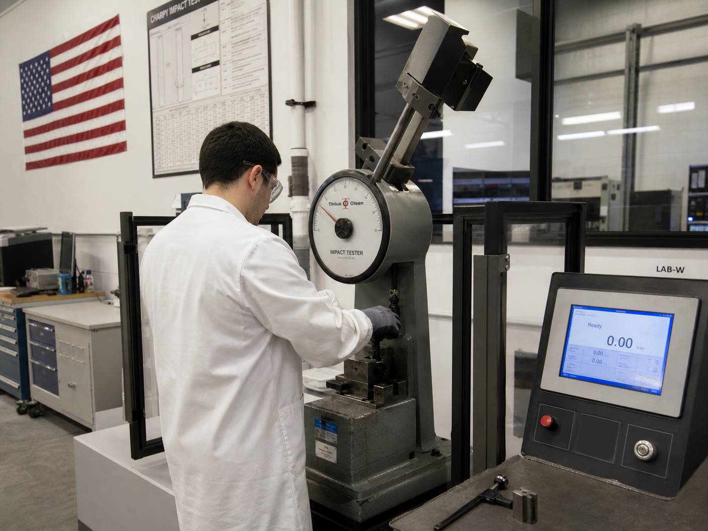 Technician conducting Charpy impact test on steel sample in USA laboratory