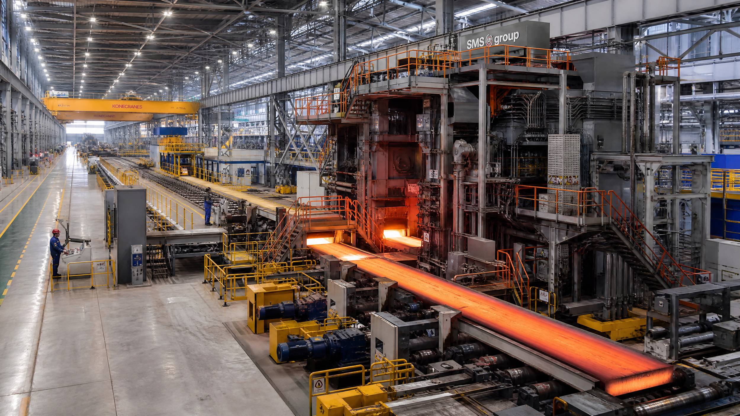 Advanced steel mill interior with hot rolling production line
