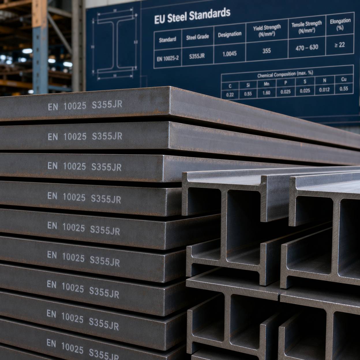 Stacked steel plates and beams with EU EN steel standards comparison chart