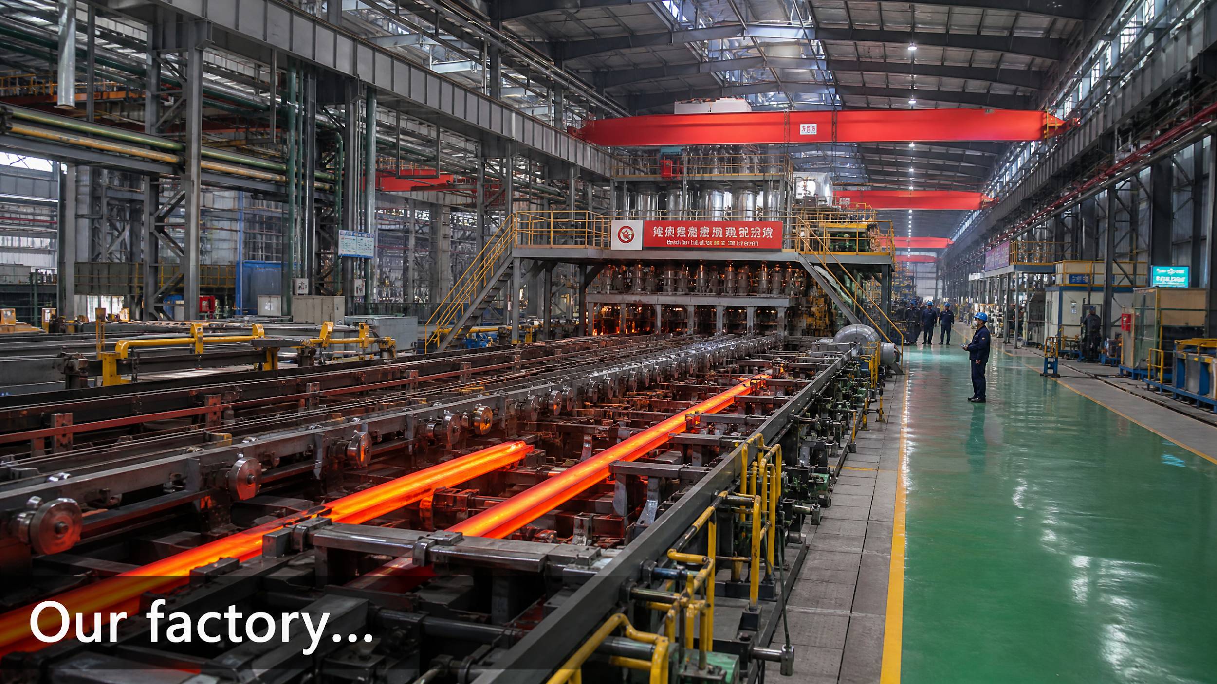 Large-scale modern steel mill interior with hot rolling production line