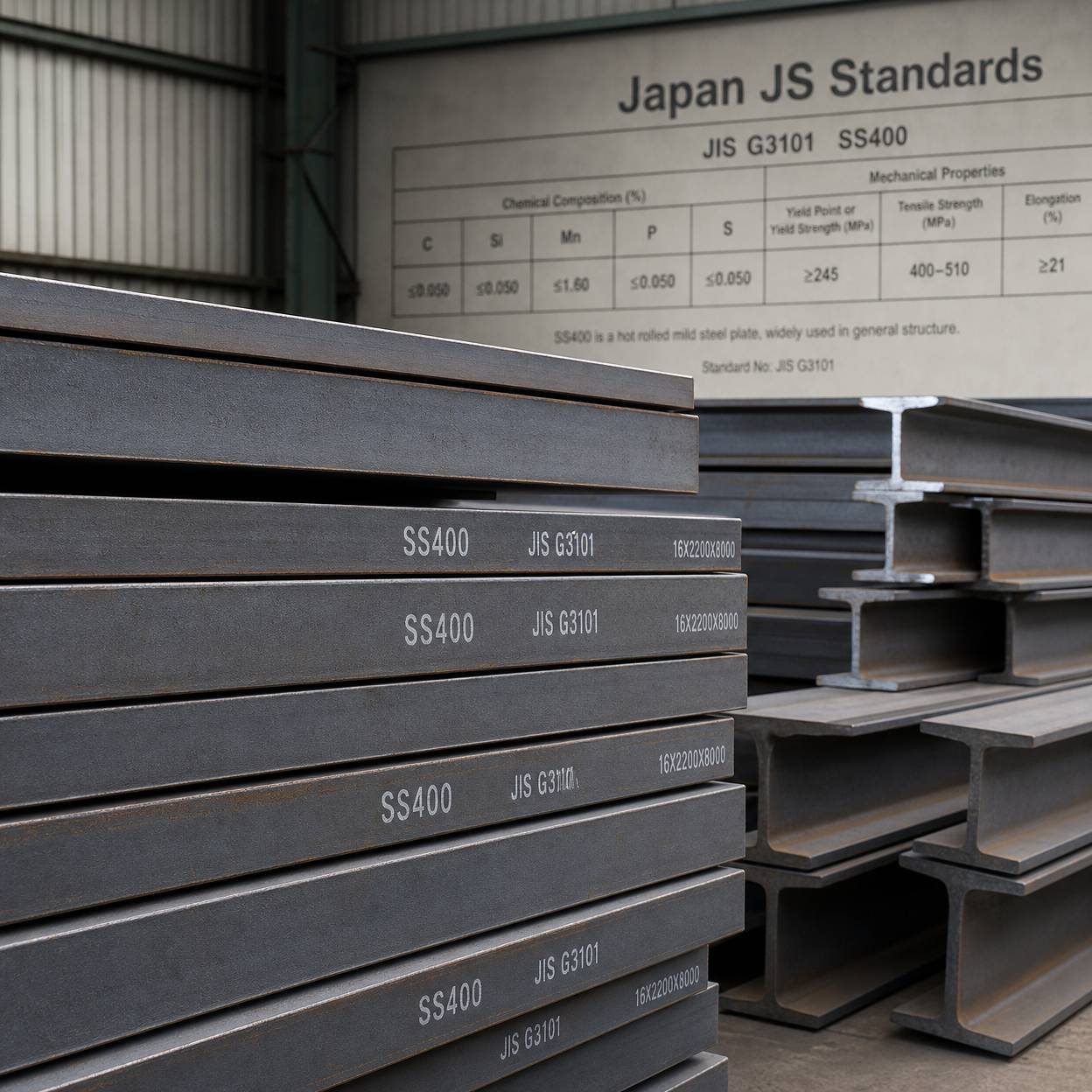 Steel plates and beams displayed with Japan JIS G3101 SS400 standards chart