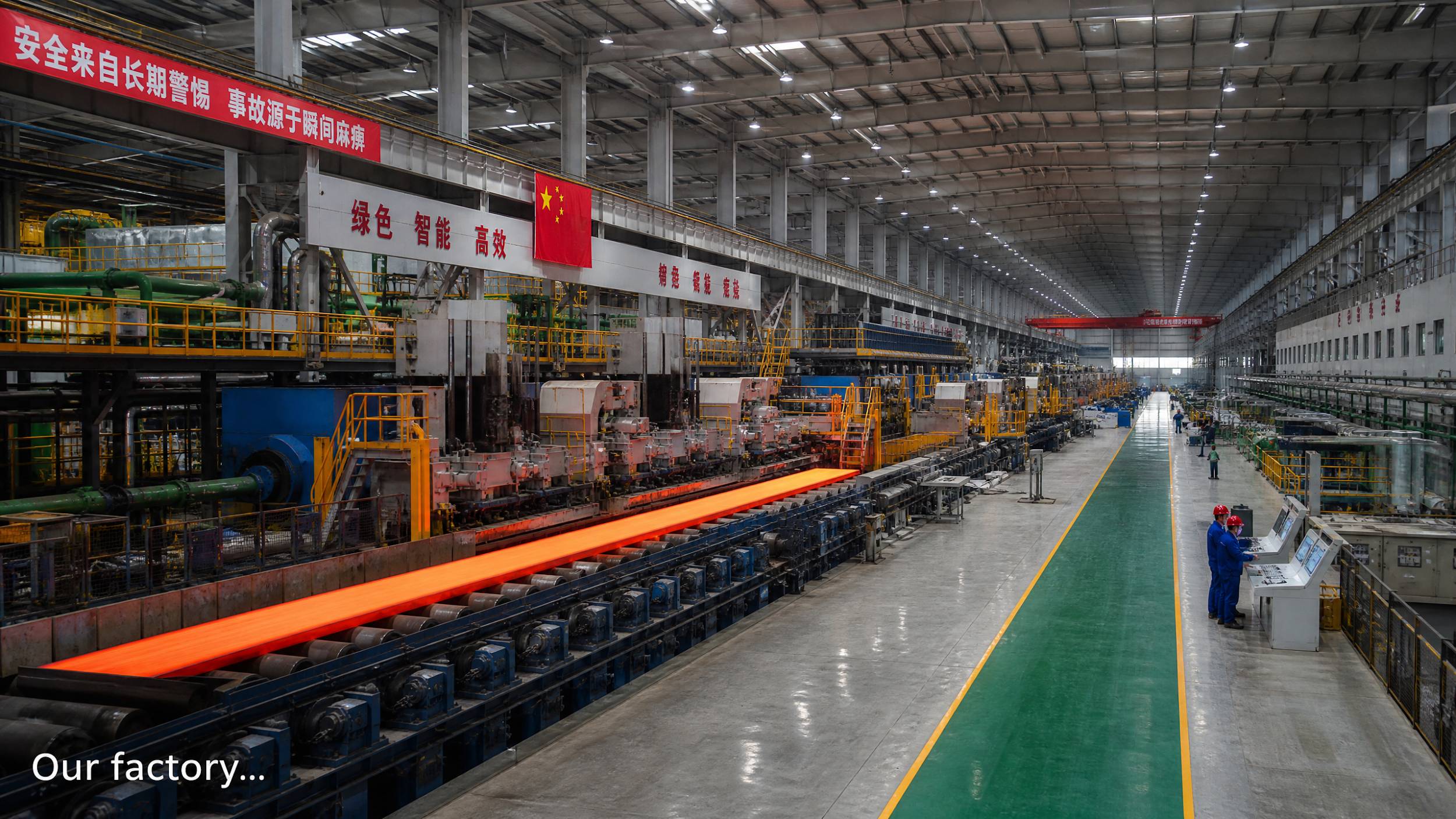 Large-scale modern steel mill interior with advanced production lines