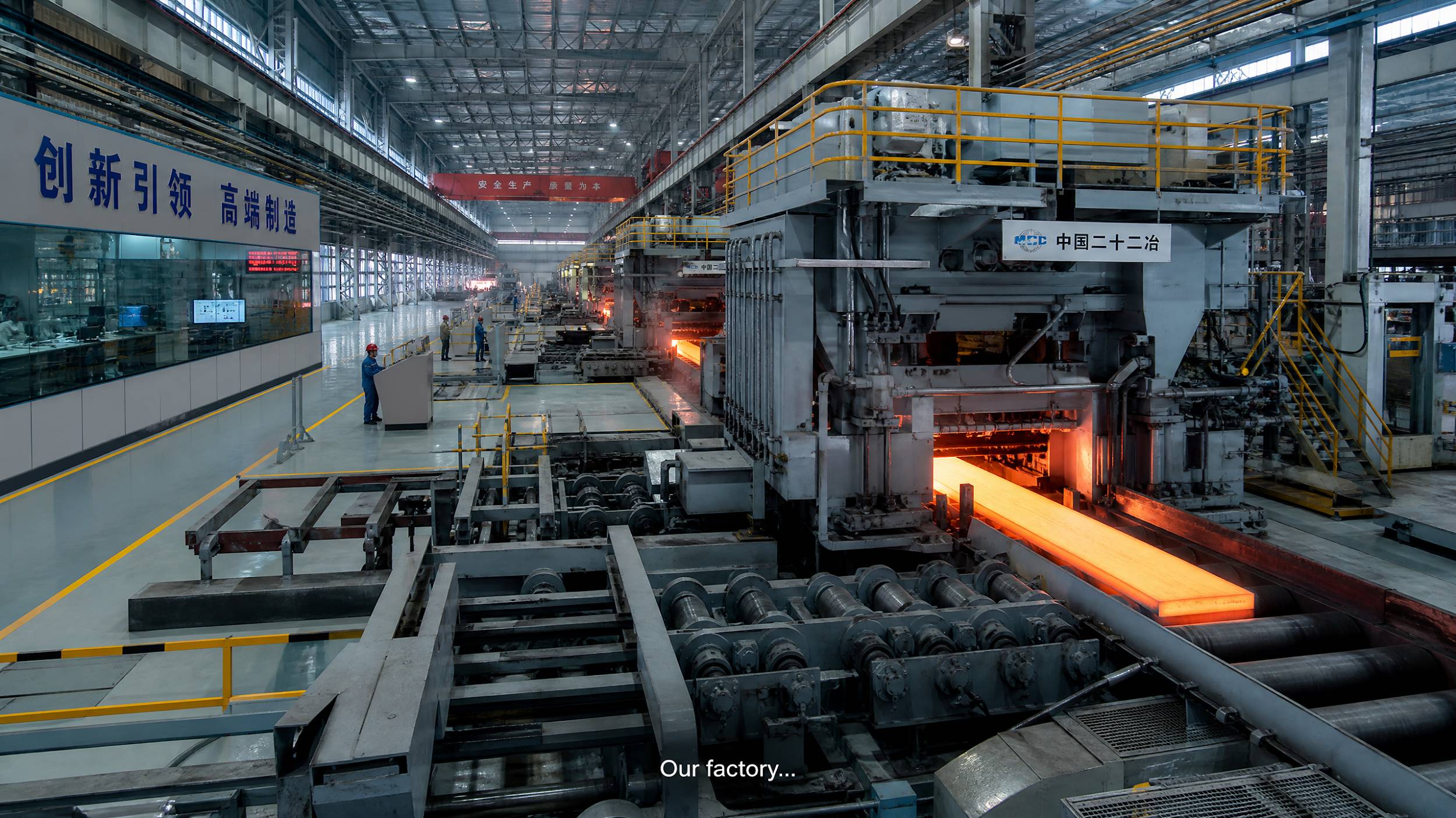 Advanced steel mill interior with hot rolling production line