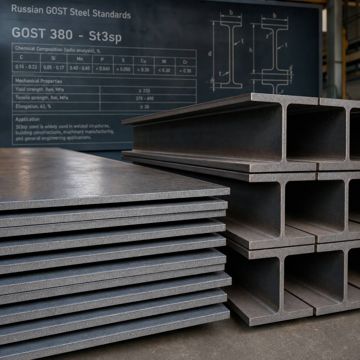 Steel beams and plates with Russian GOST steel standards comparison chart