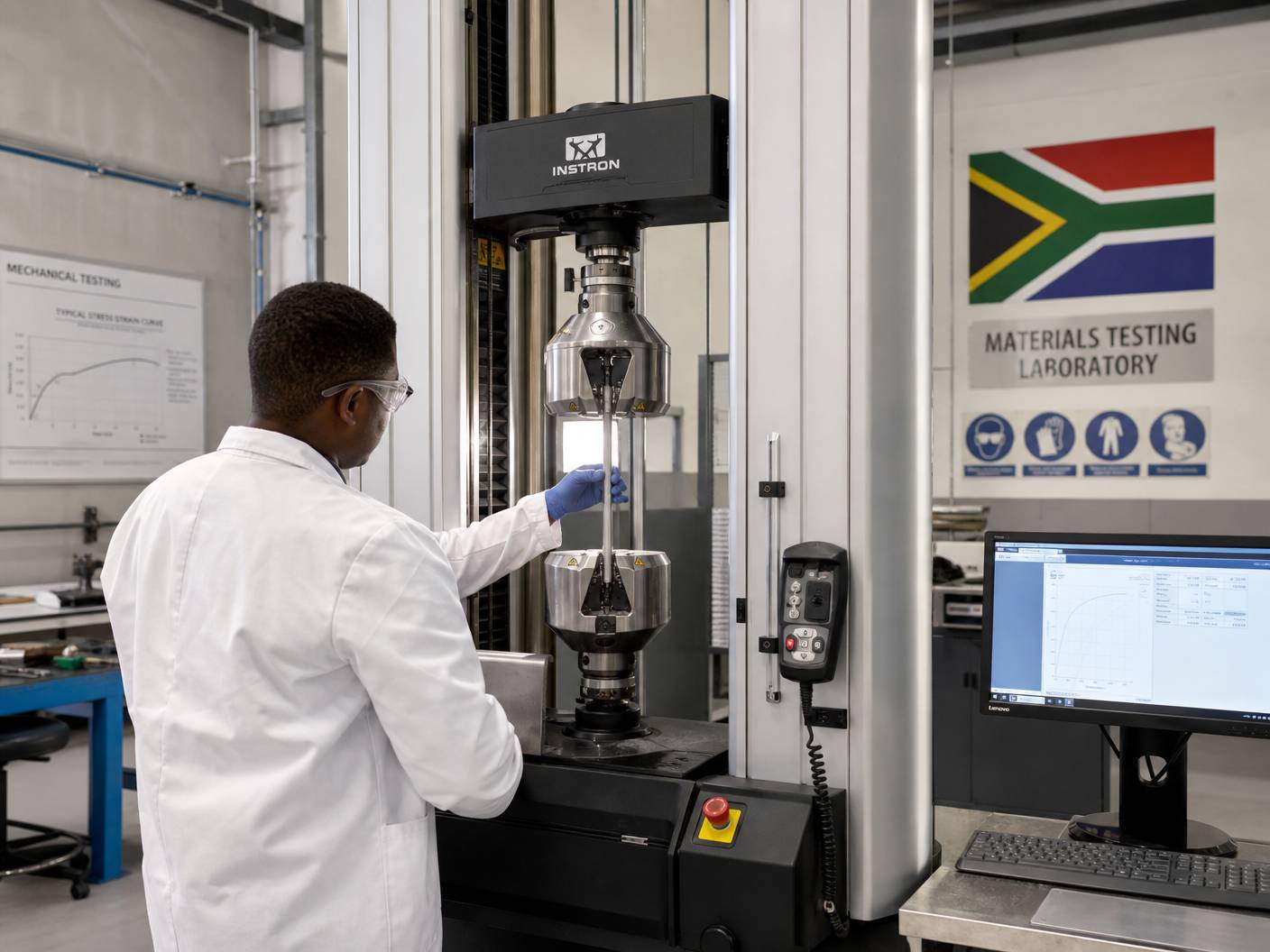 Scientist performing tensile strength test on steel using Instron machine in a South African materials testing laboratory