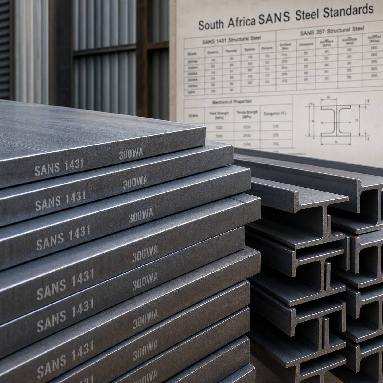 Stacks of SANS 1431 Grade 300WA structural steel plates and beams marked with South African National Standards