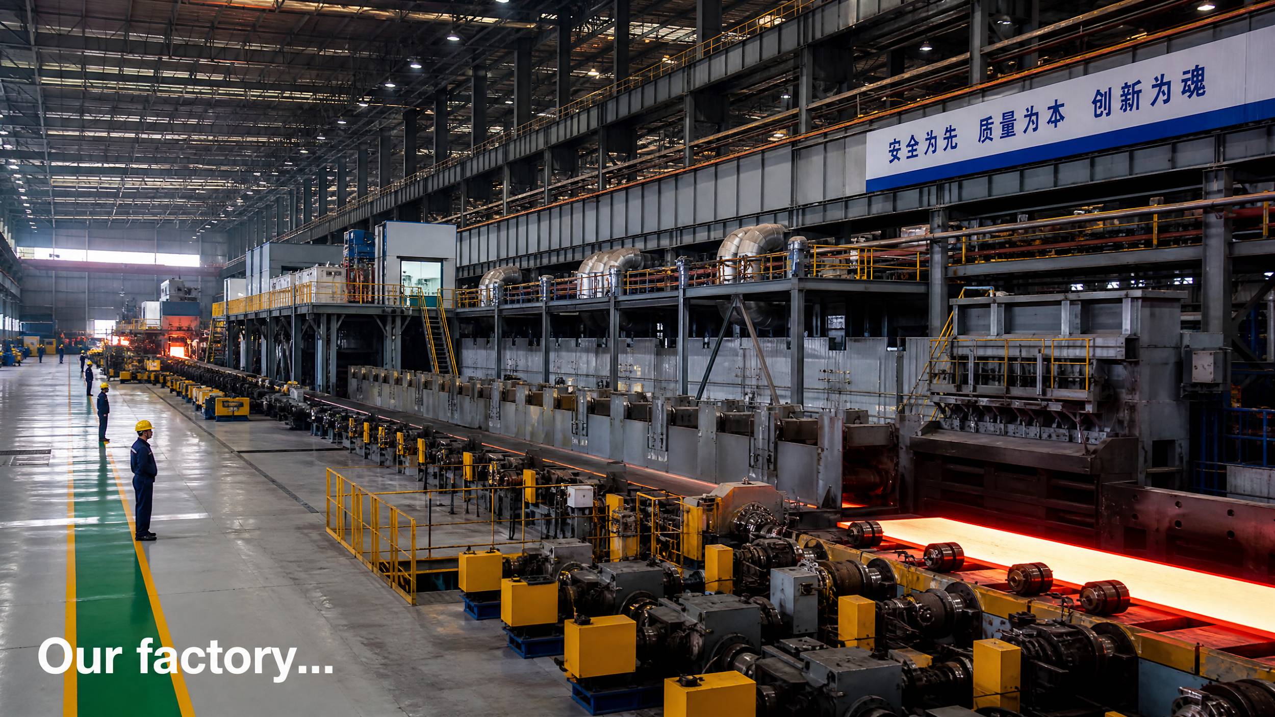 Interior view of a large-scale steel manufacturing facility with hot rolling production line